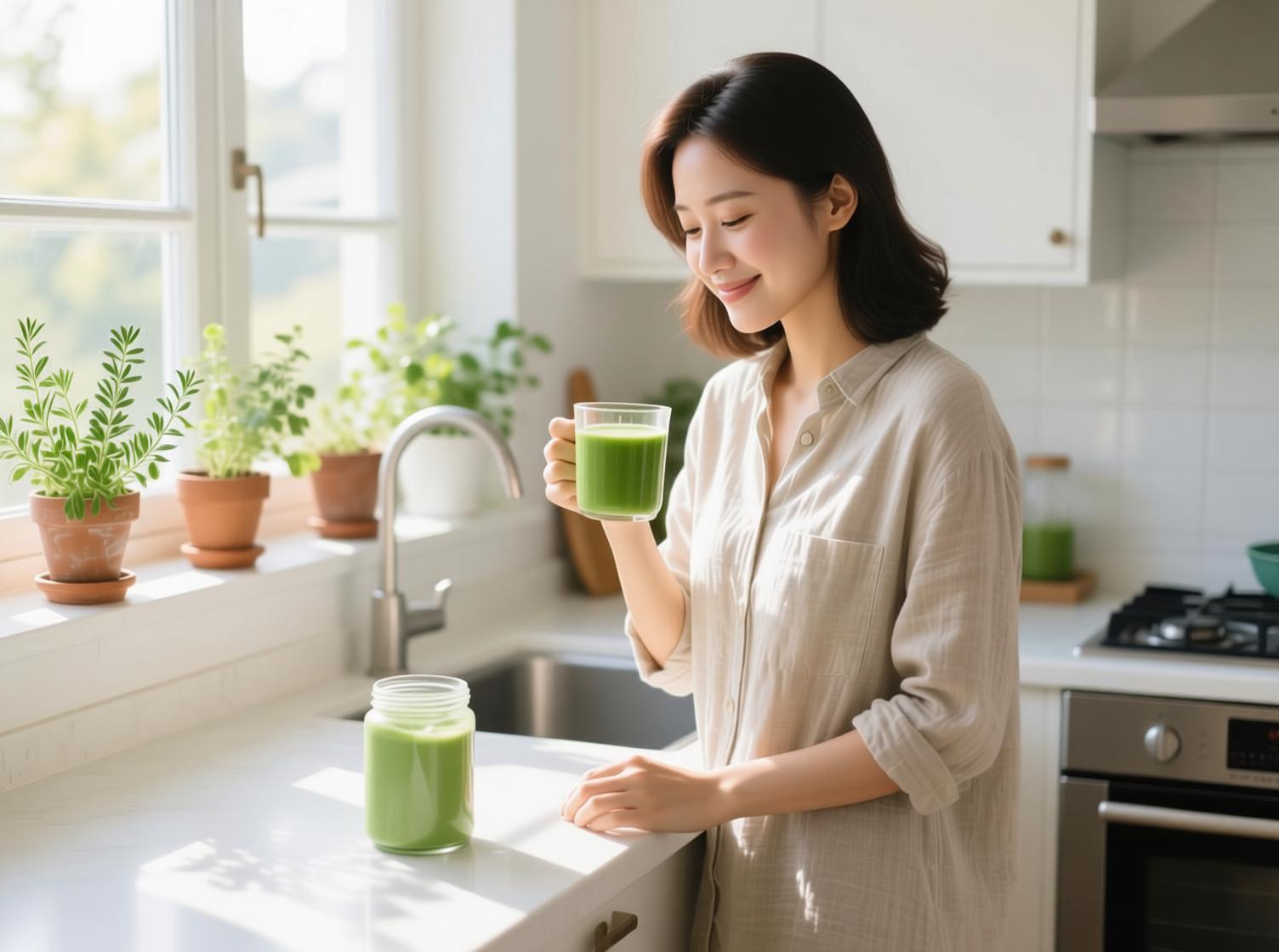 Woman with green juice smoothie