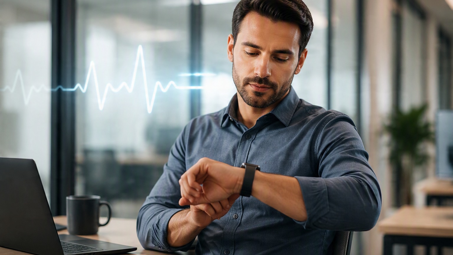 Young professional checking heart-rate on smartwatch