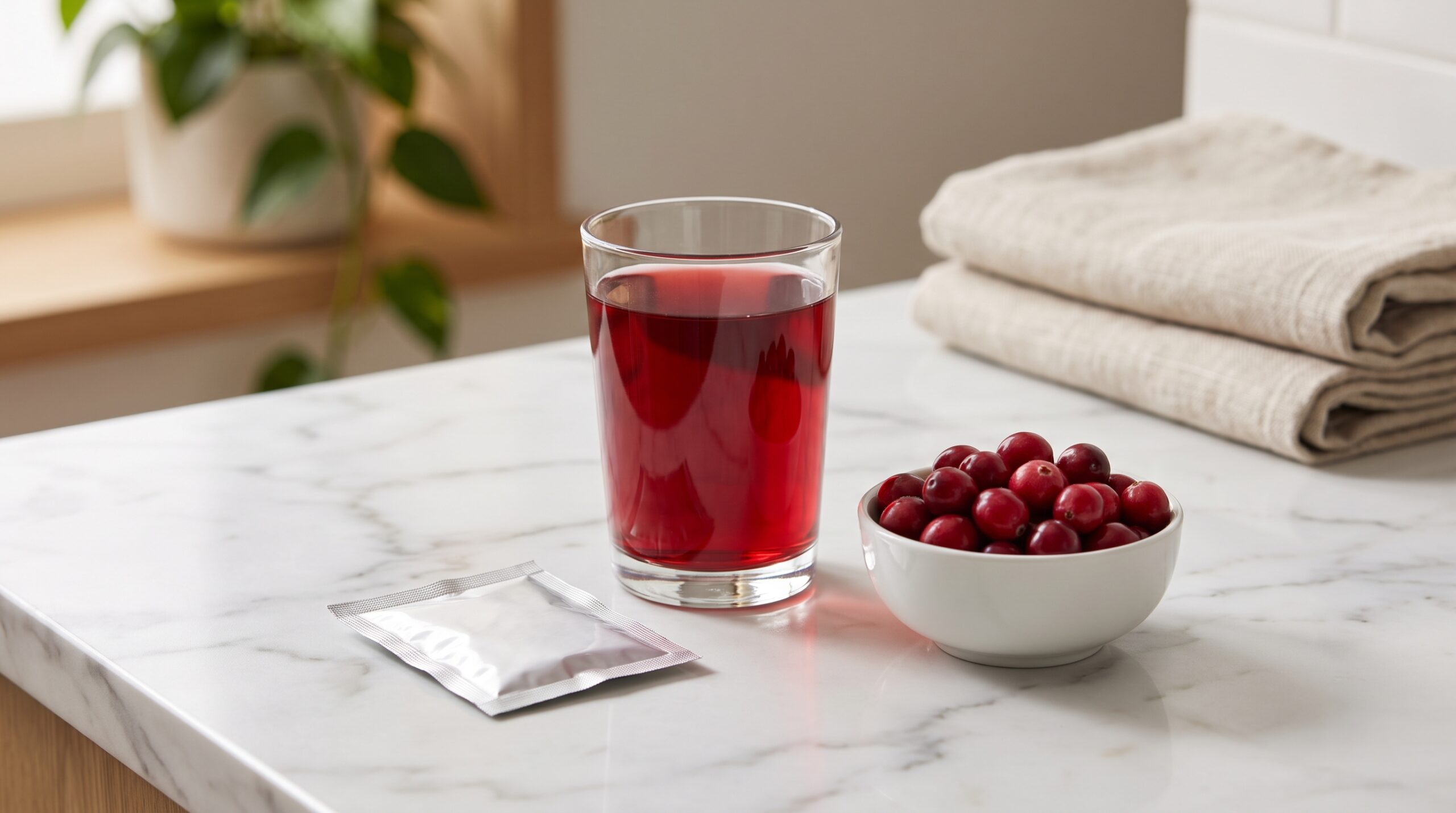 Glass of cranberry juice next to cranberry extract powder sachet