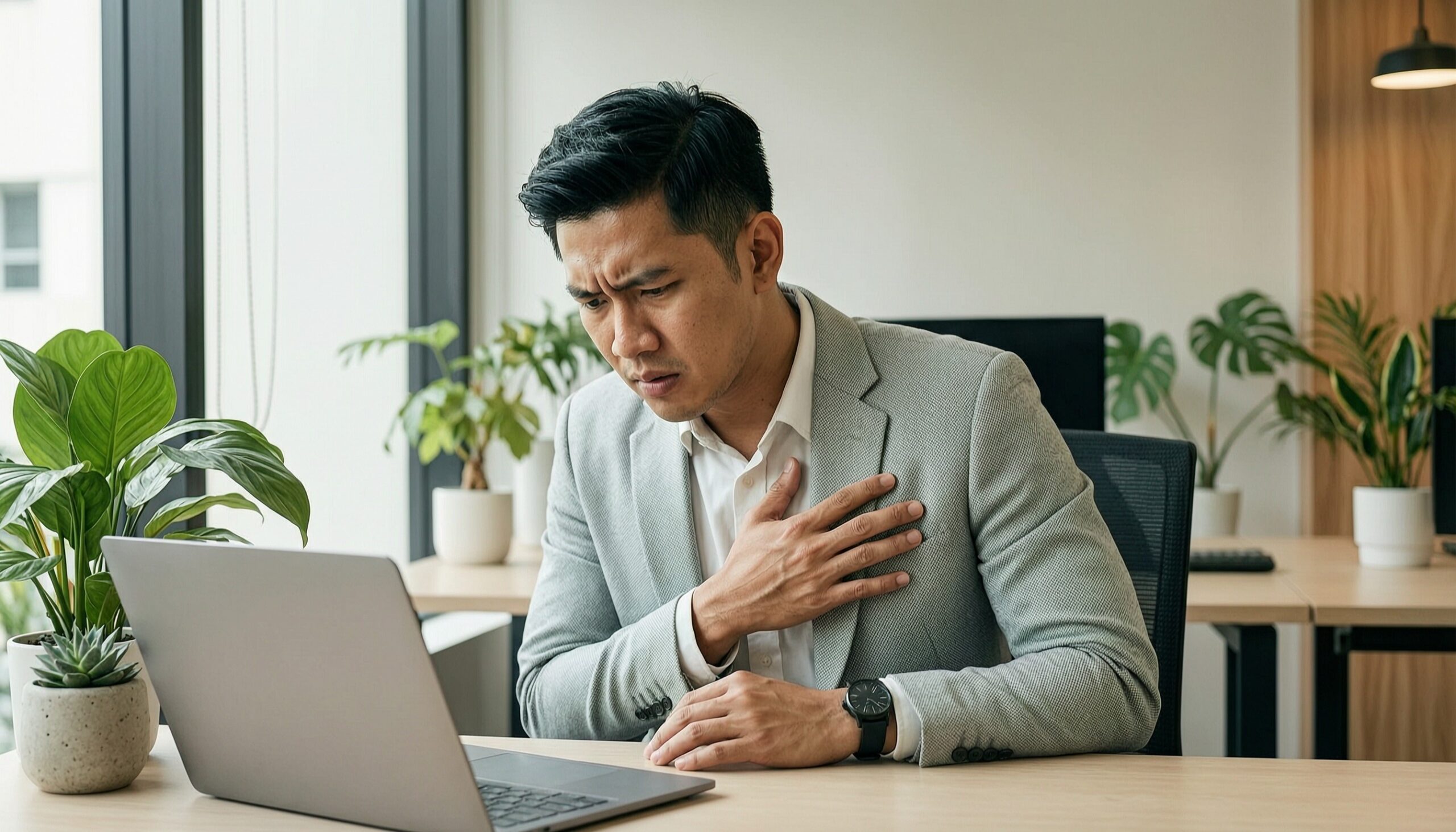 Young professional at desk suggesting early-onset heart risk