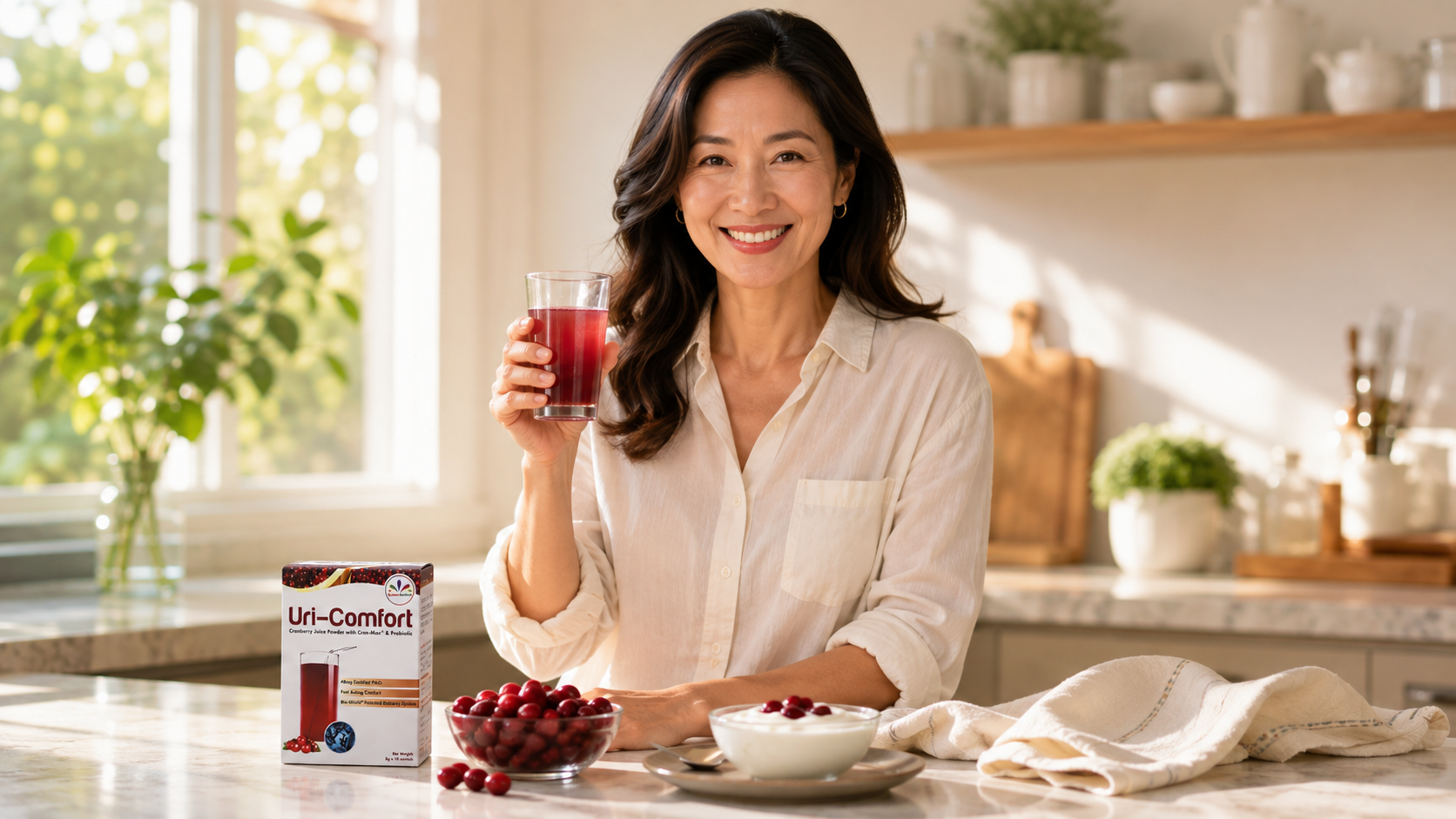 Healthy woman enjoying Uri-Comfort cranberry juice daily
