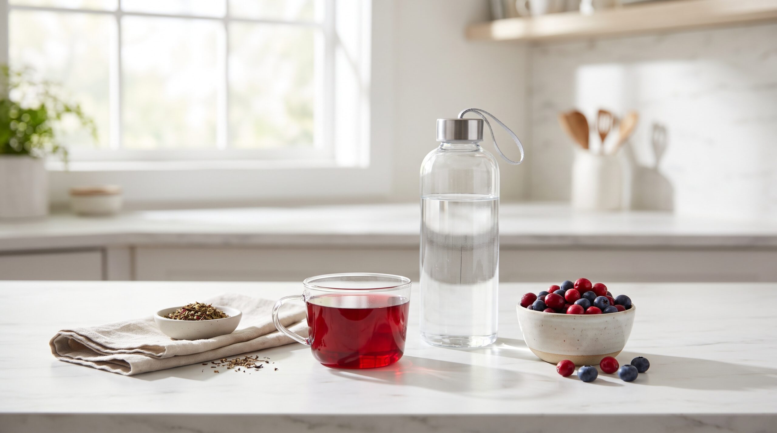 Water bottle with cranberries and hibiscus tea for UTI prevention hydration