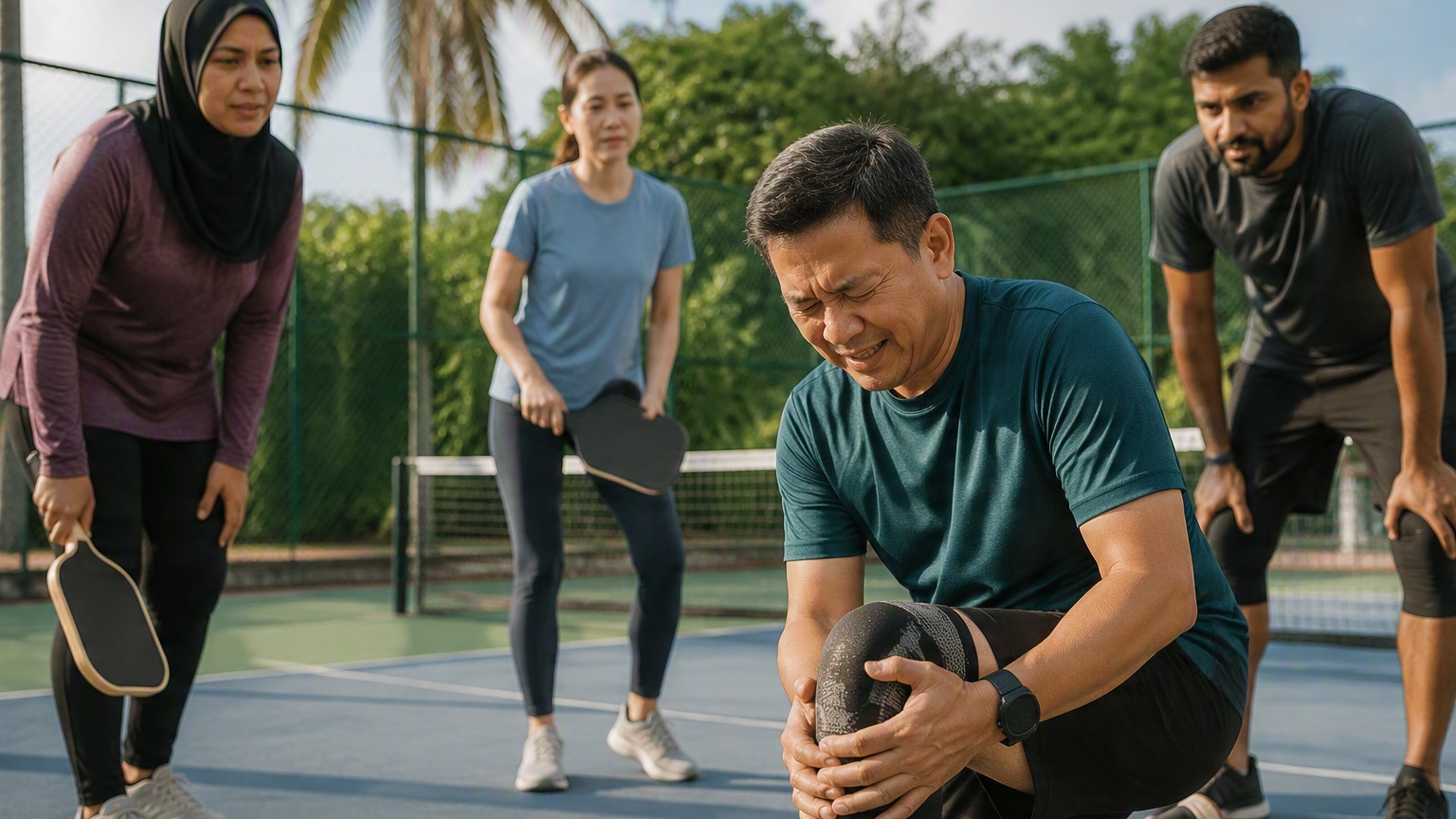 Weekend warriors on a tropical pickleball court, knee injury context