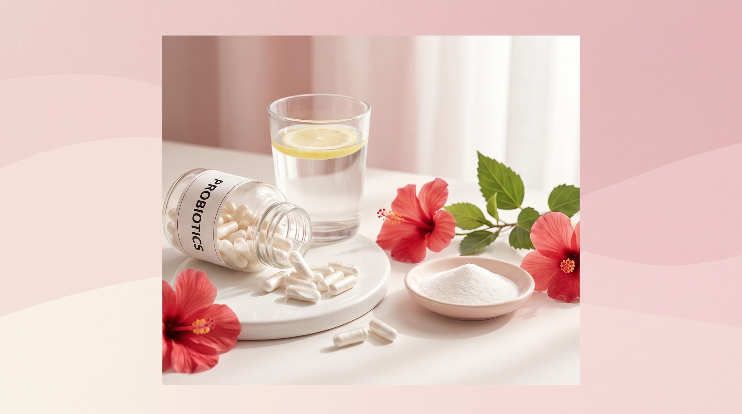 Probiotic capsules, hibiscus flowers, and D-mannose powder for urinary tract support
