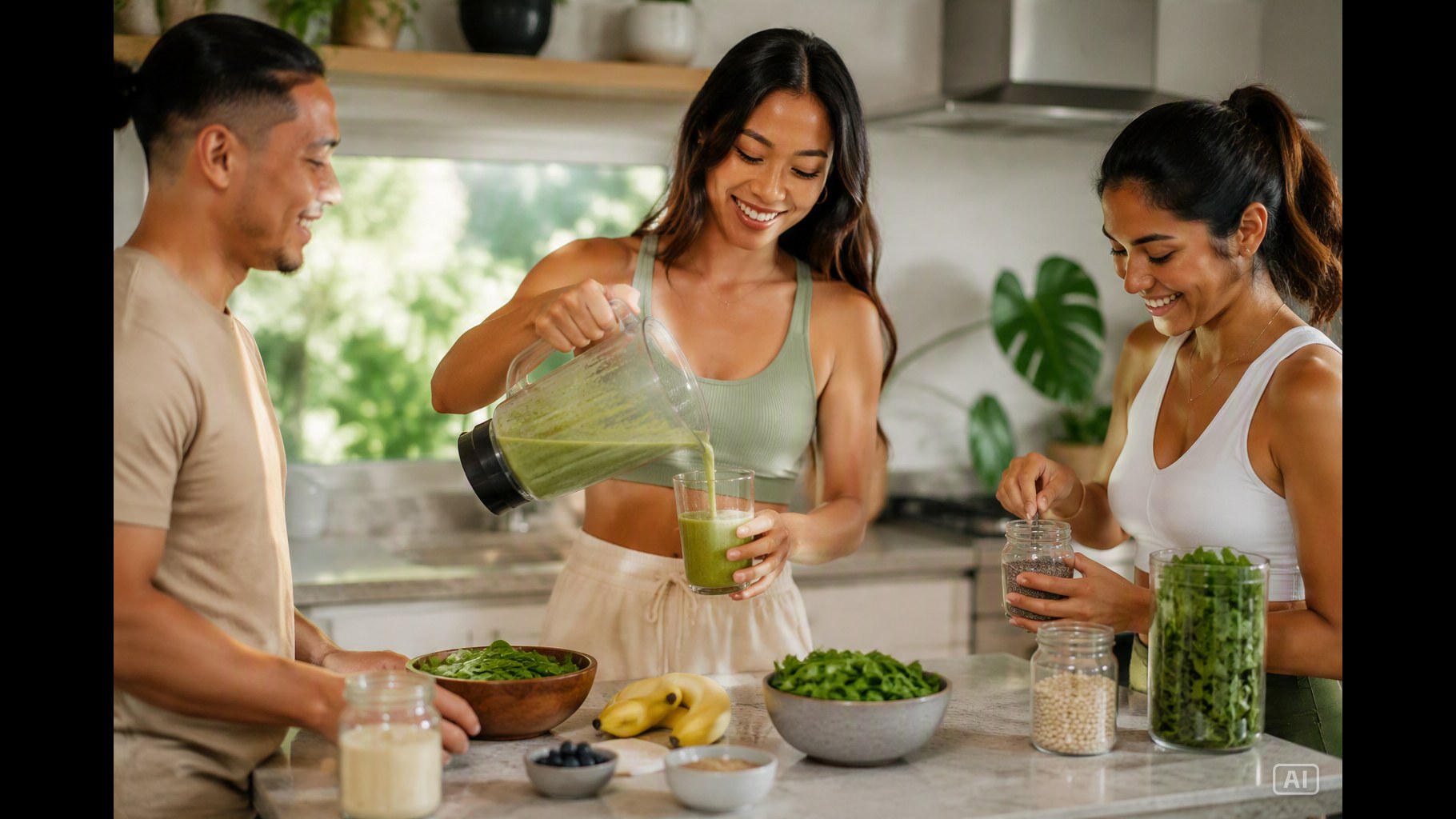 A green plant-based protein shake at a kitchen counter