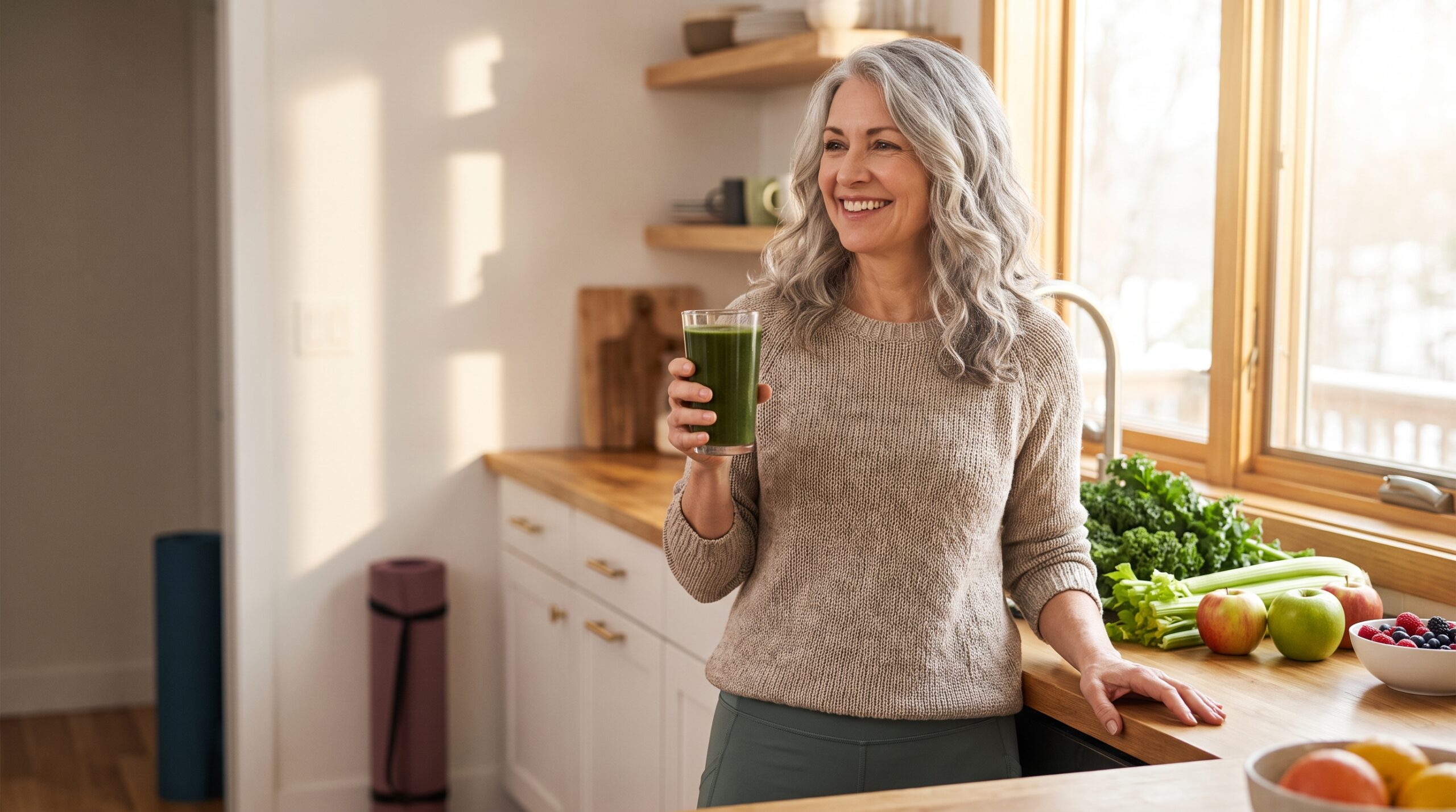 Woman over 40 enjoying organic Ashitaba smoothie