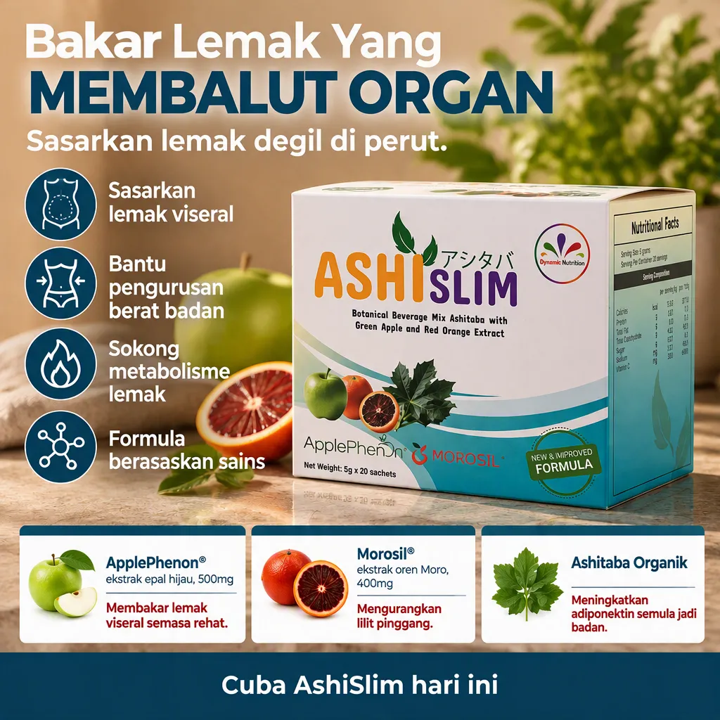 AshiSlim pembakar lemak semula jadi — tiga bahan klinikal untuk lemak visceral