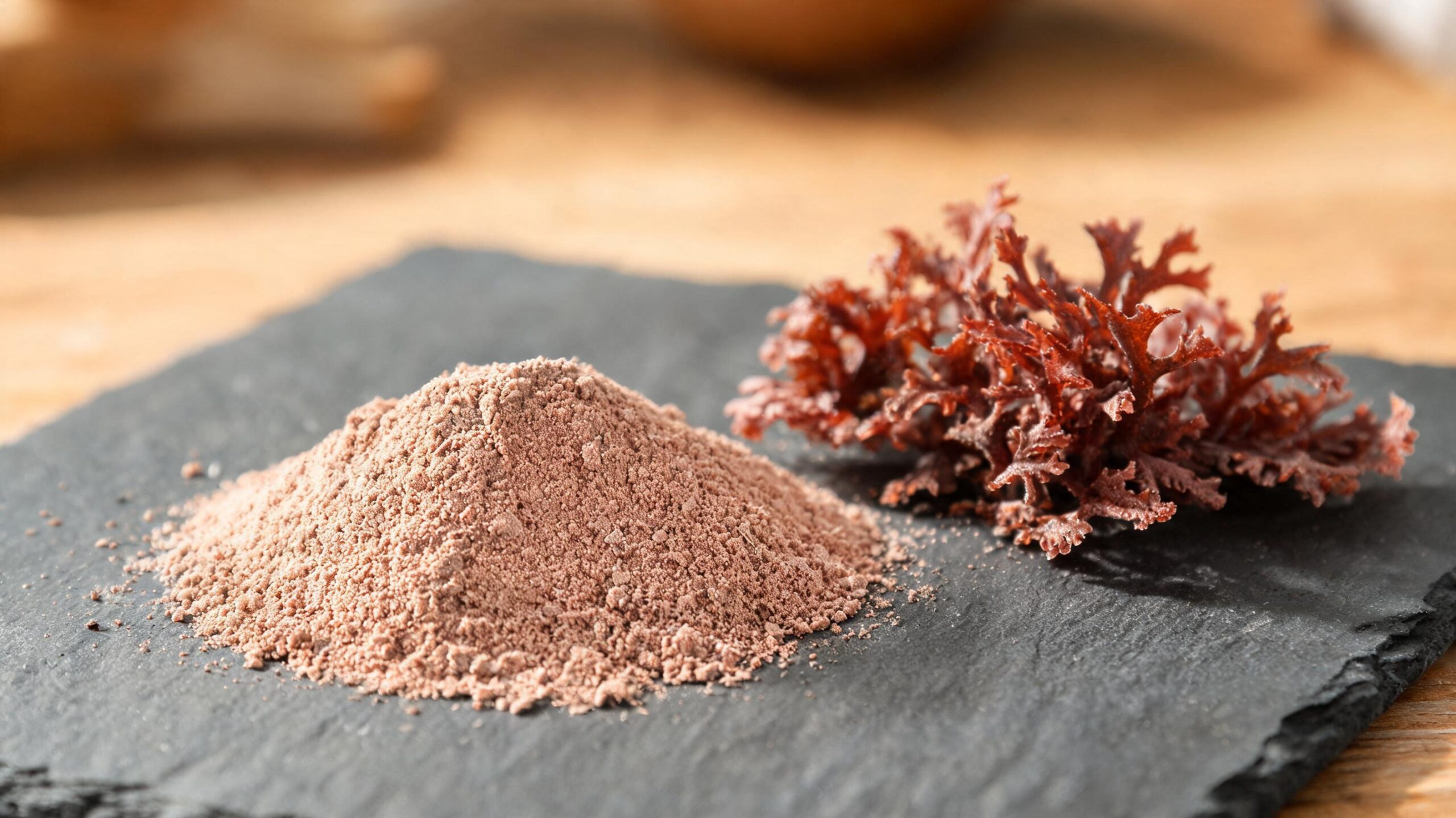 Aquamin seaweed calcium from Lithothamnion red algae on a slate plate