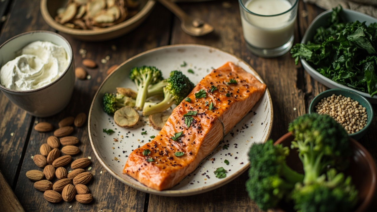 Overhead photo of calcium-rich foods including yogurt, salmon, almonds, broccoli and kale