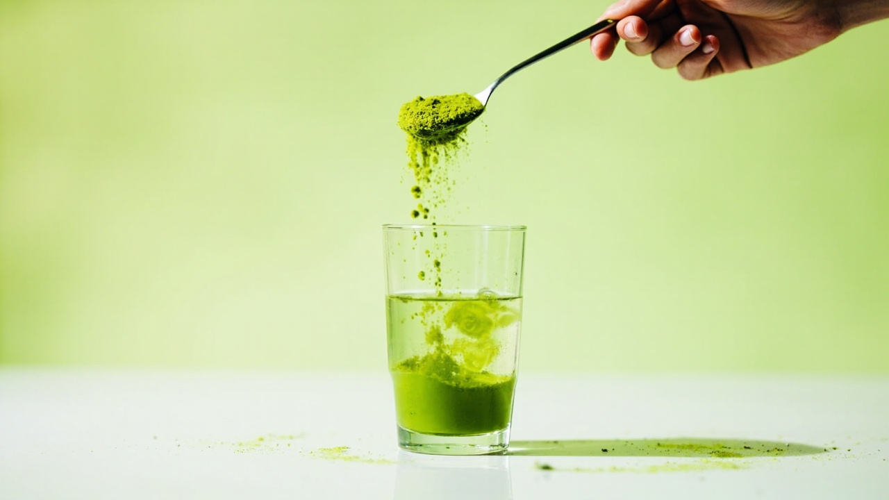 Ashitaba powder dissolved in glass of water showing yellow-green chalcone pigment