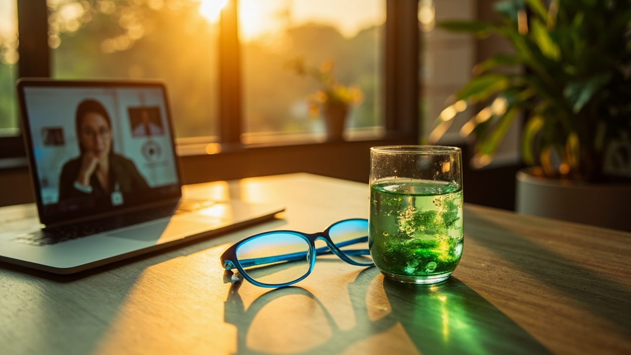 Modern home office desk with green ashitaba drink wellness lifestyle photo