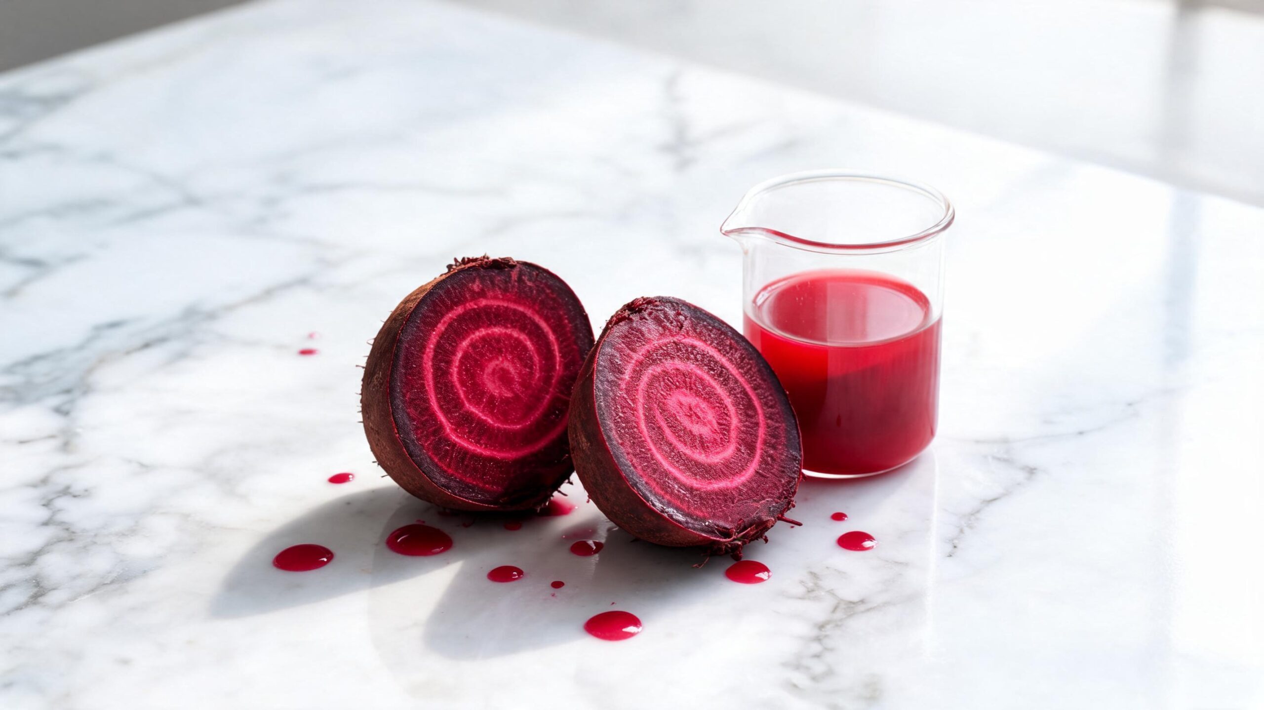 Sliced beetroot on a white surface with a small beaker of bright red urine, illustrating beeturia