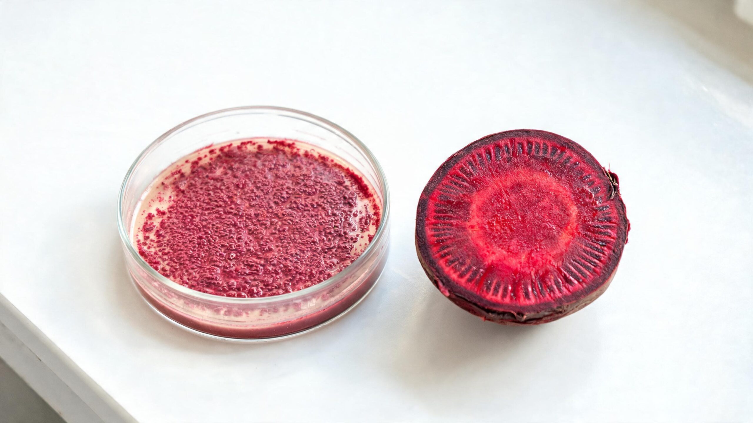 A Petri dish with a deep magenta-red bacterial colony beside a sliced beetroot on a white lab surface, illustrating the gut-microbiota betalain metabolism layer