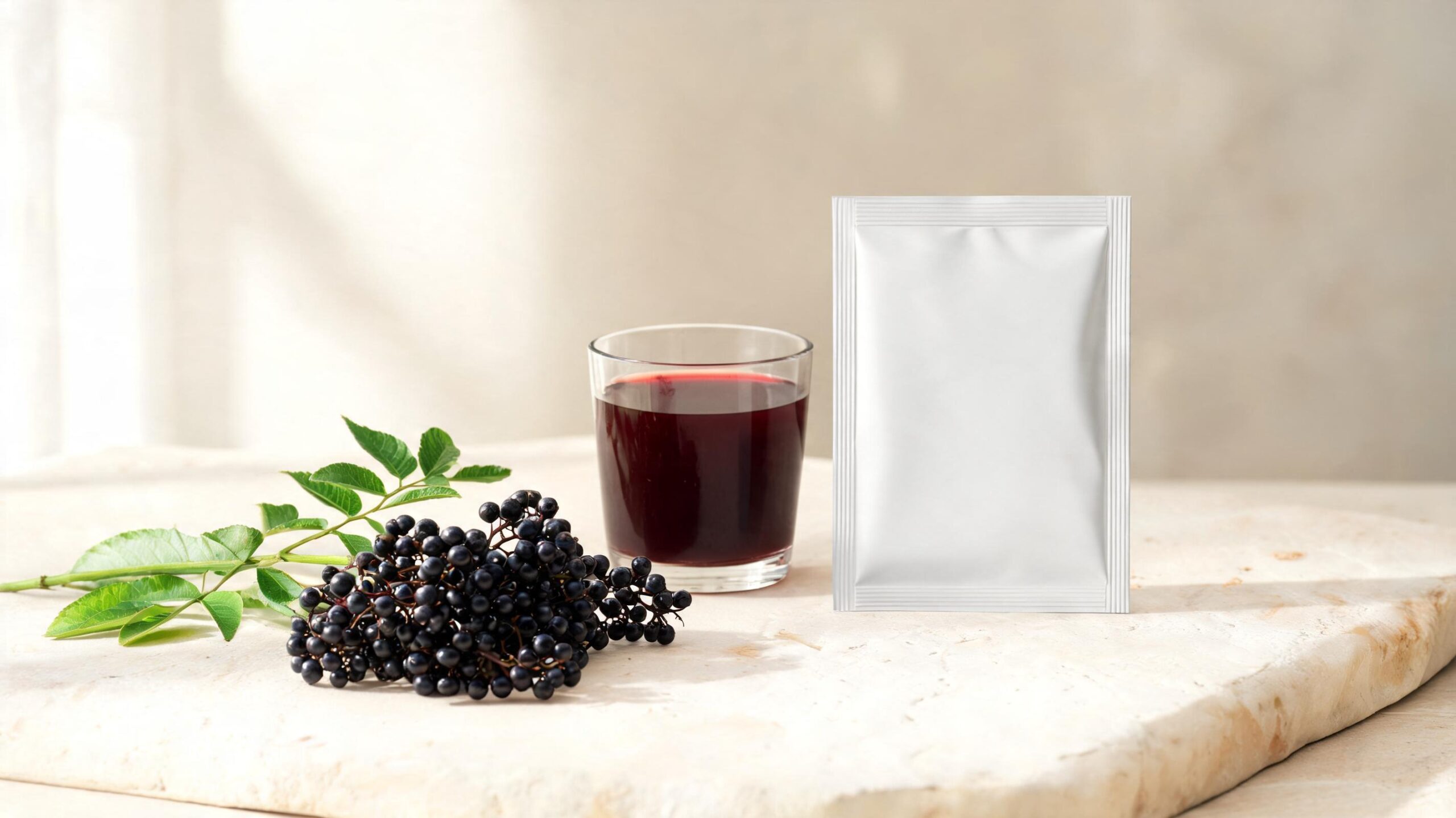 Fresh dark purple-black elderberries on a green stem beside a glass of deep ruby elderberry juice and a single white sachet on a pale stone surface.