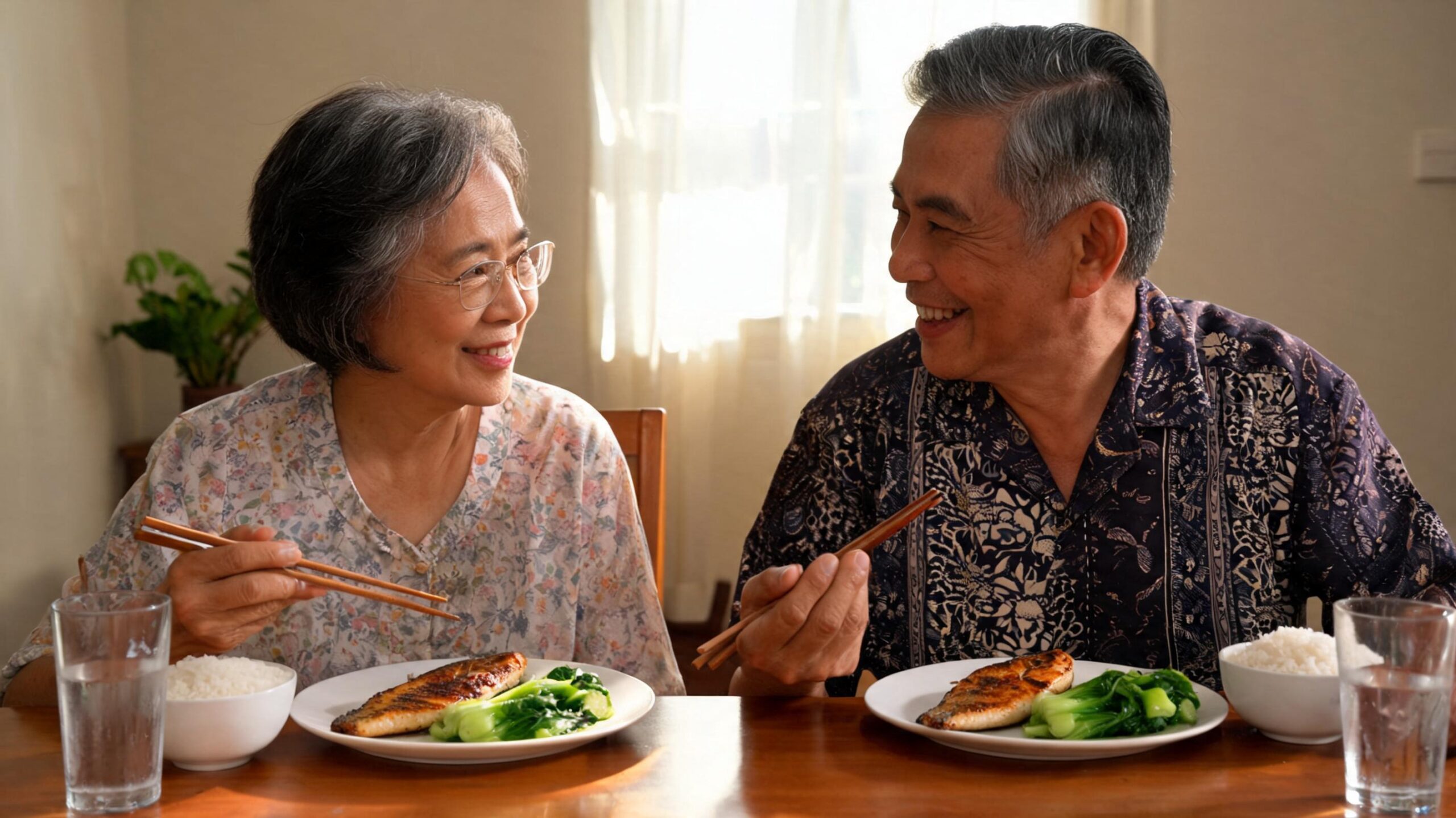 Pasangan warga emas berkongsi hidangan seimbang di meja makan yang terang