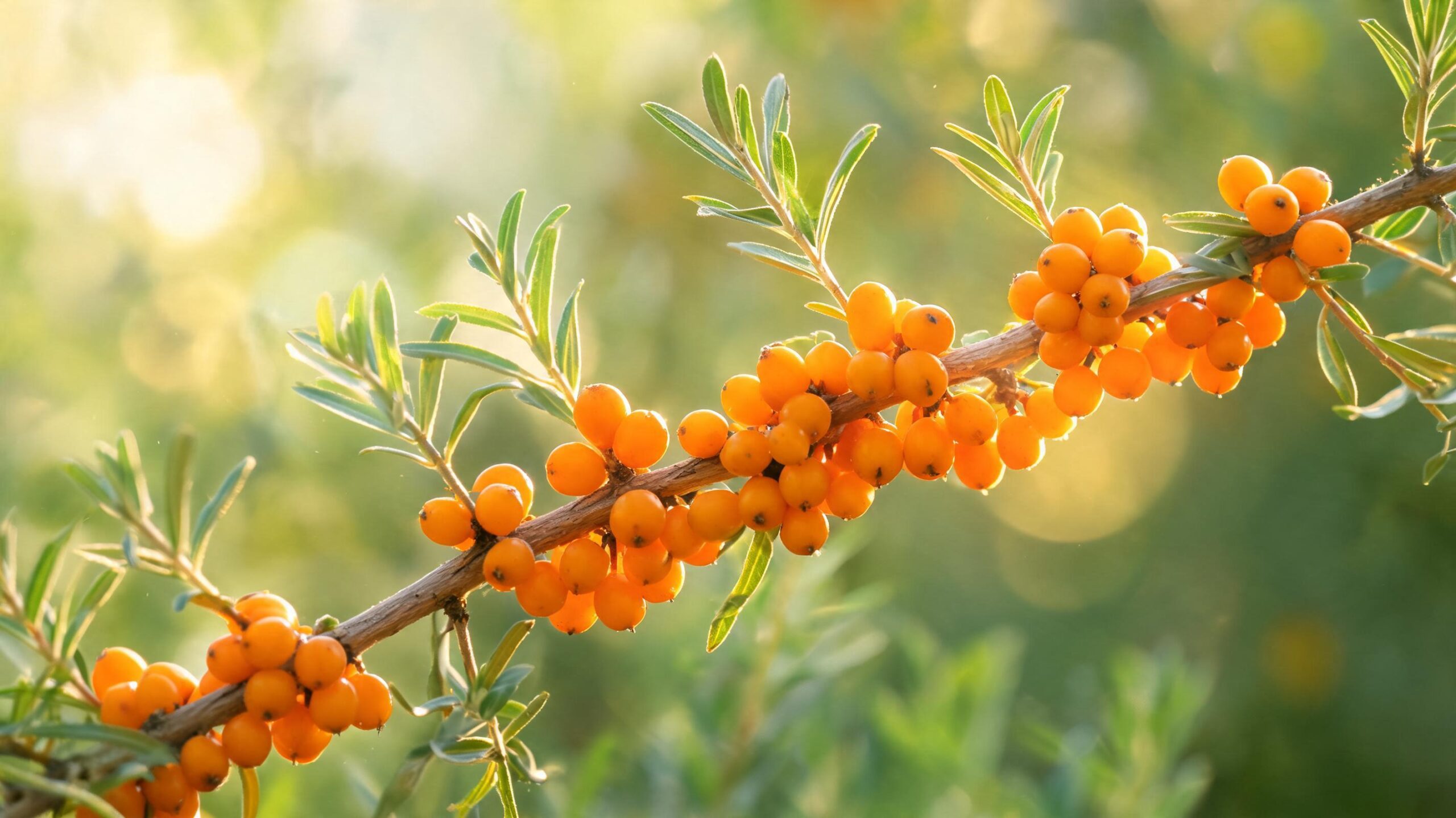 Fresh orange sea buckthorn berries on a Himalayan branch with golden light