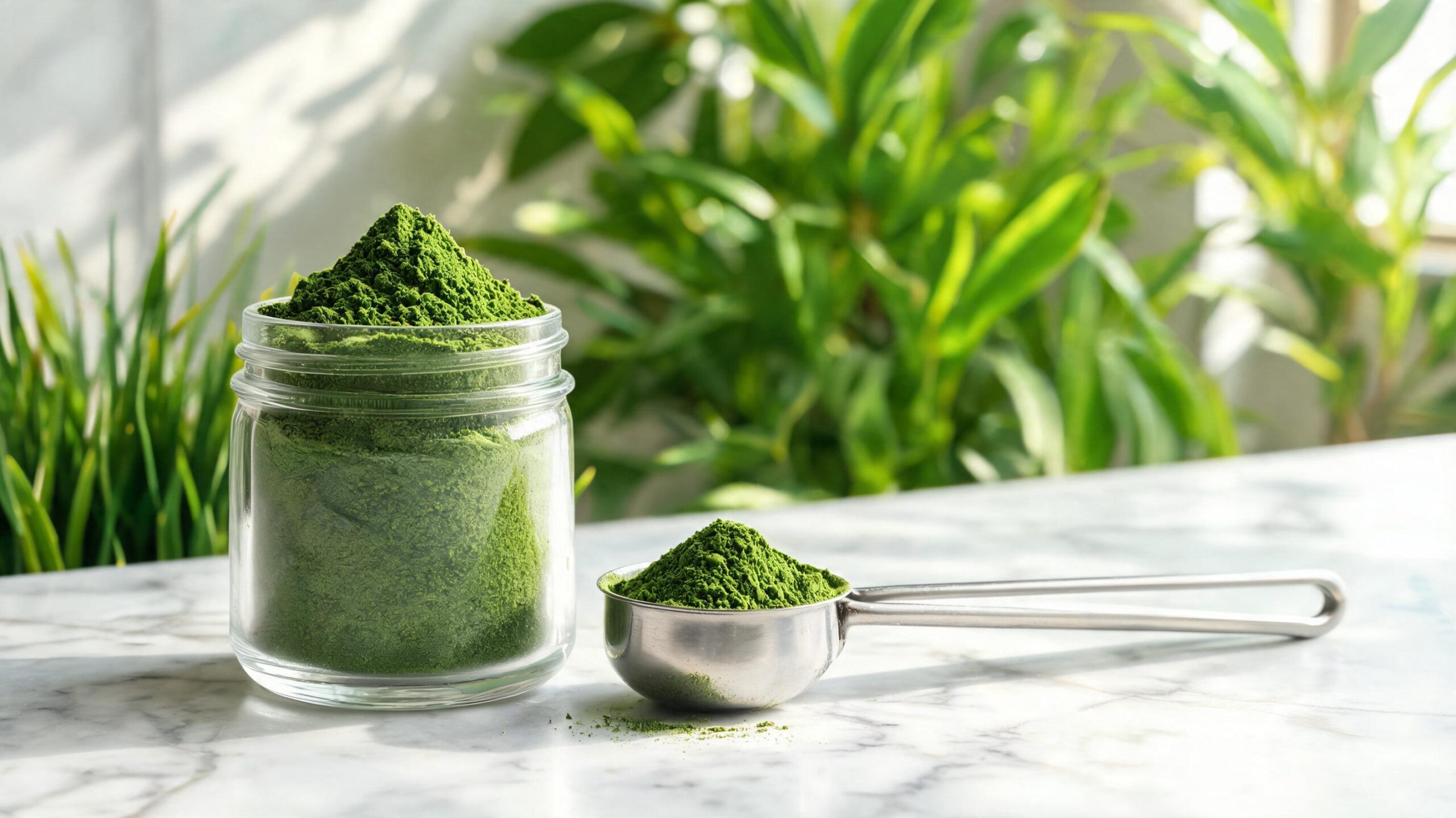 A jar of deep green wheatgrass, barley grass and ashitaba powder with a scoop beside it on a marble kitchen counter