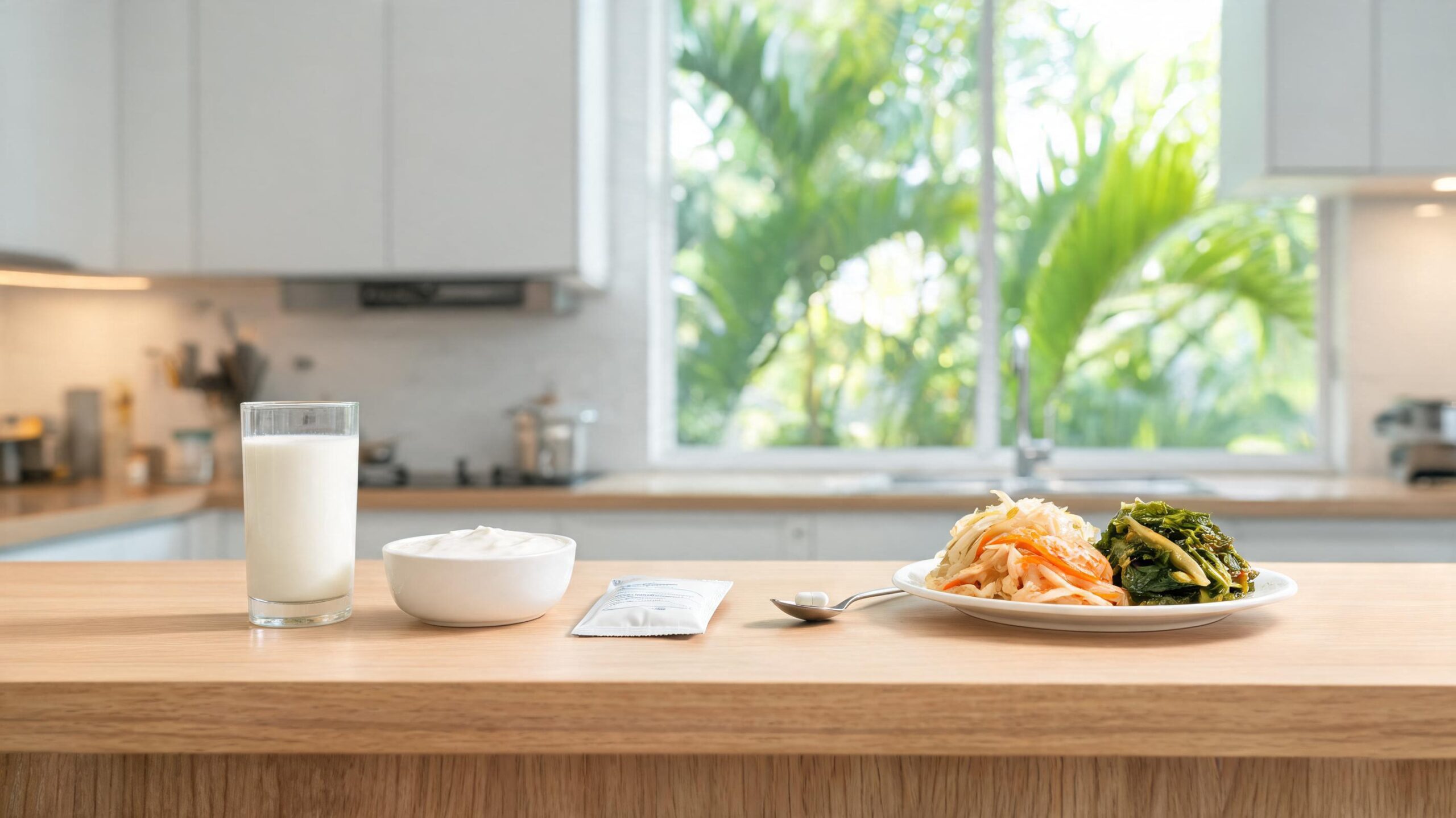 Makanan probiotik pelbagai jenis dan pelbagai bentuk suplemen di atas kaunter dapur kayu: segelas tinggi kefir, semangkuk yogurt biasa, satu sachet probiotik kecil dan satu kapsul di atas senduk