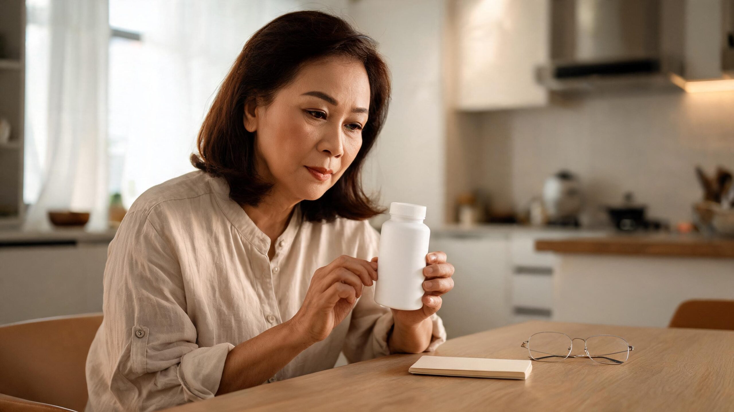 Woman reading the supplement label on a kitchen table to compare extract versus powder doses
