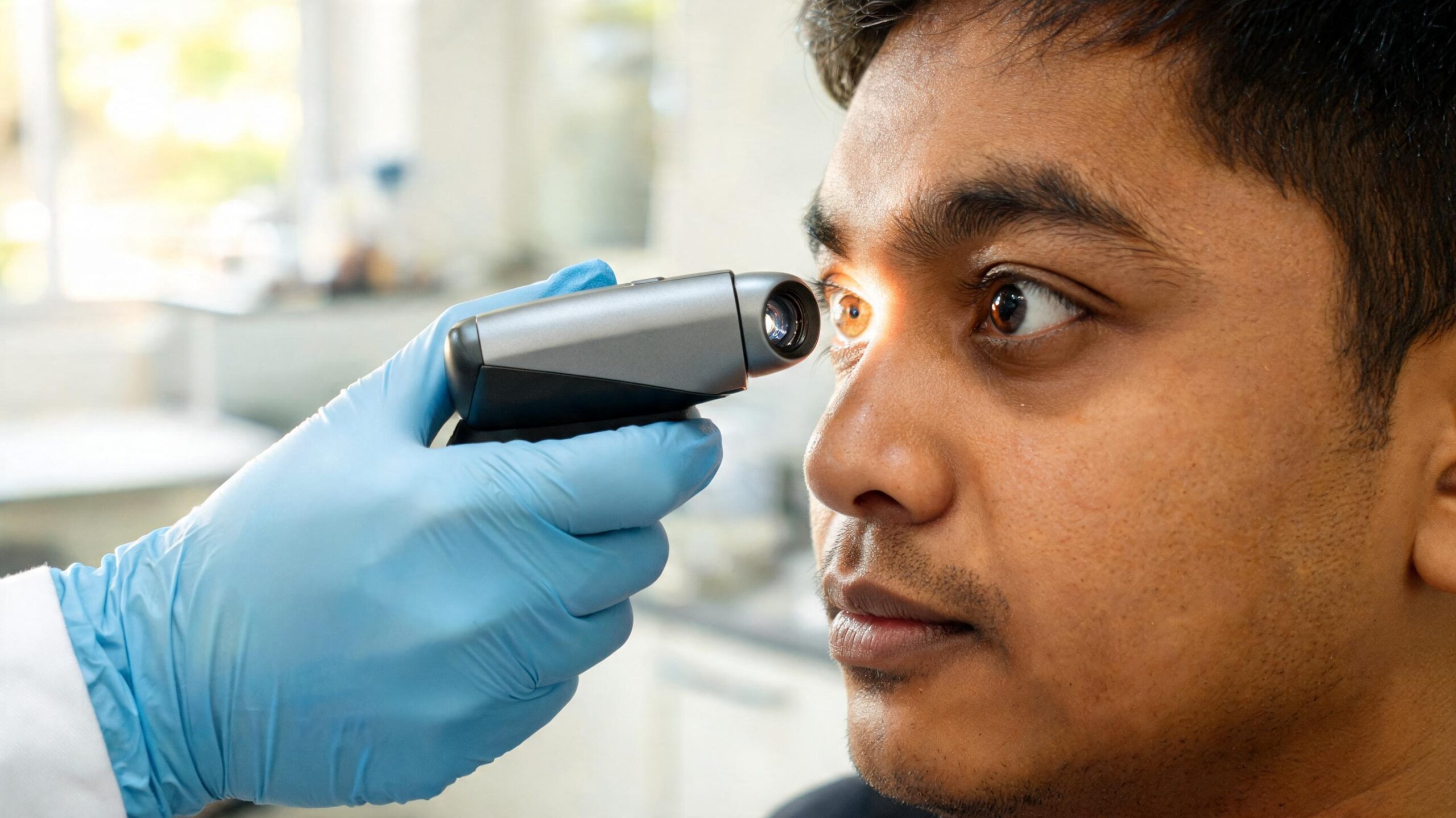 Eye clinic examination with a heterochromatic-flicker photometry device measuring macular pigment optical density