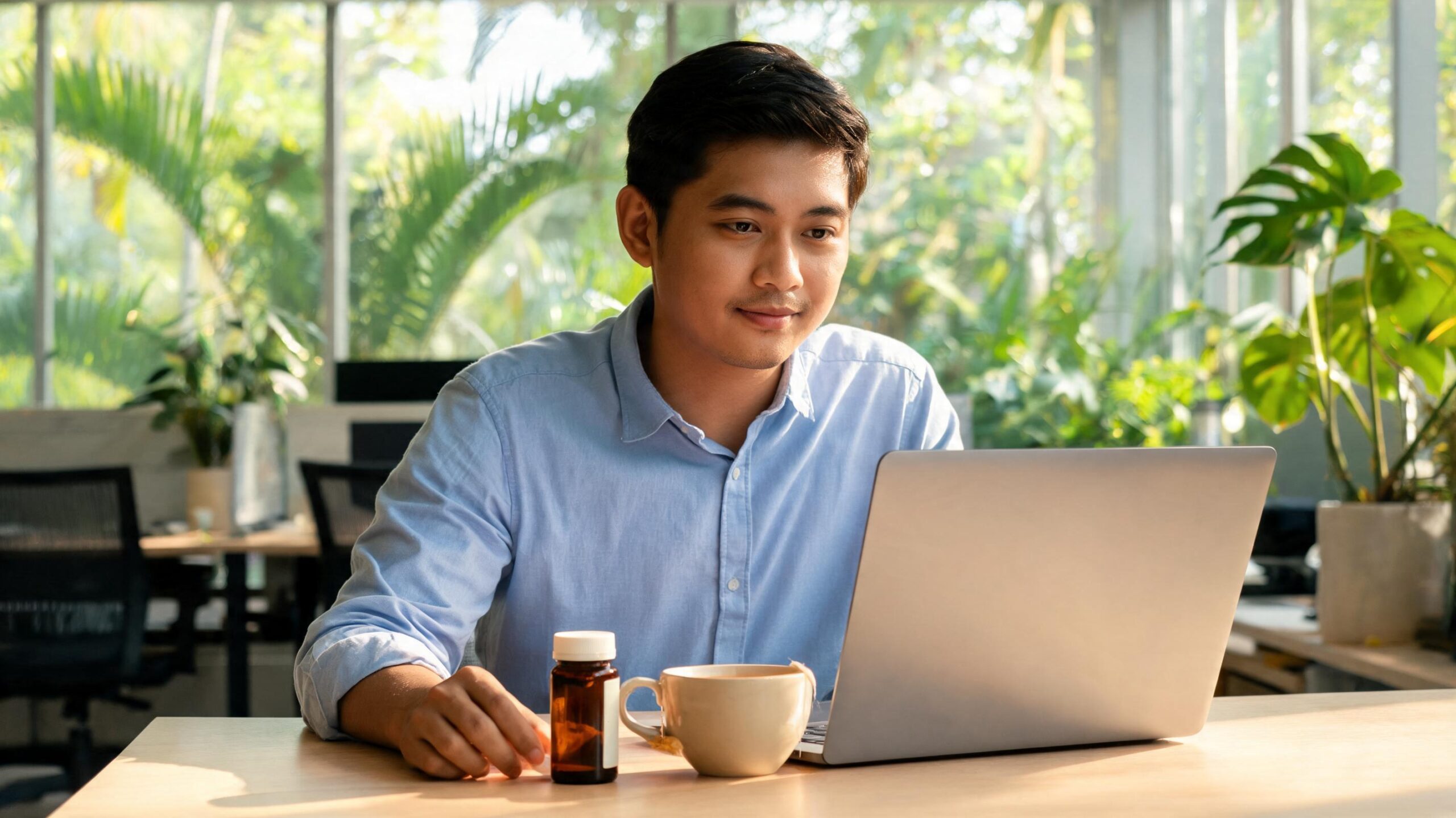 Working-age professional at desk in tropical office at mid-afternoon, hand near supplement bottle and herbal tea