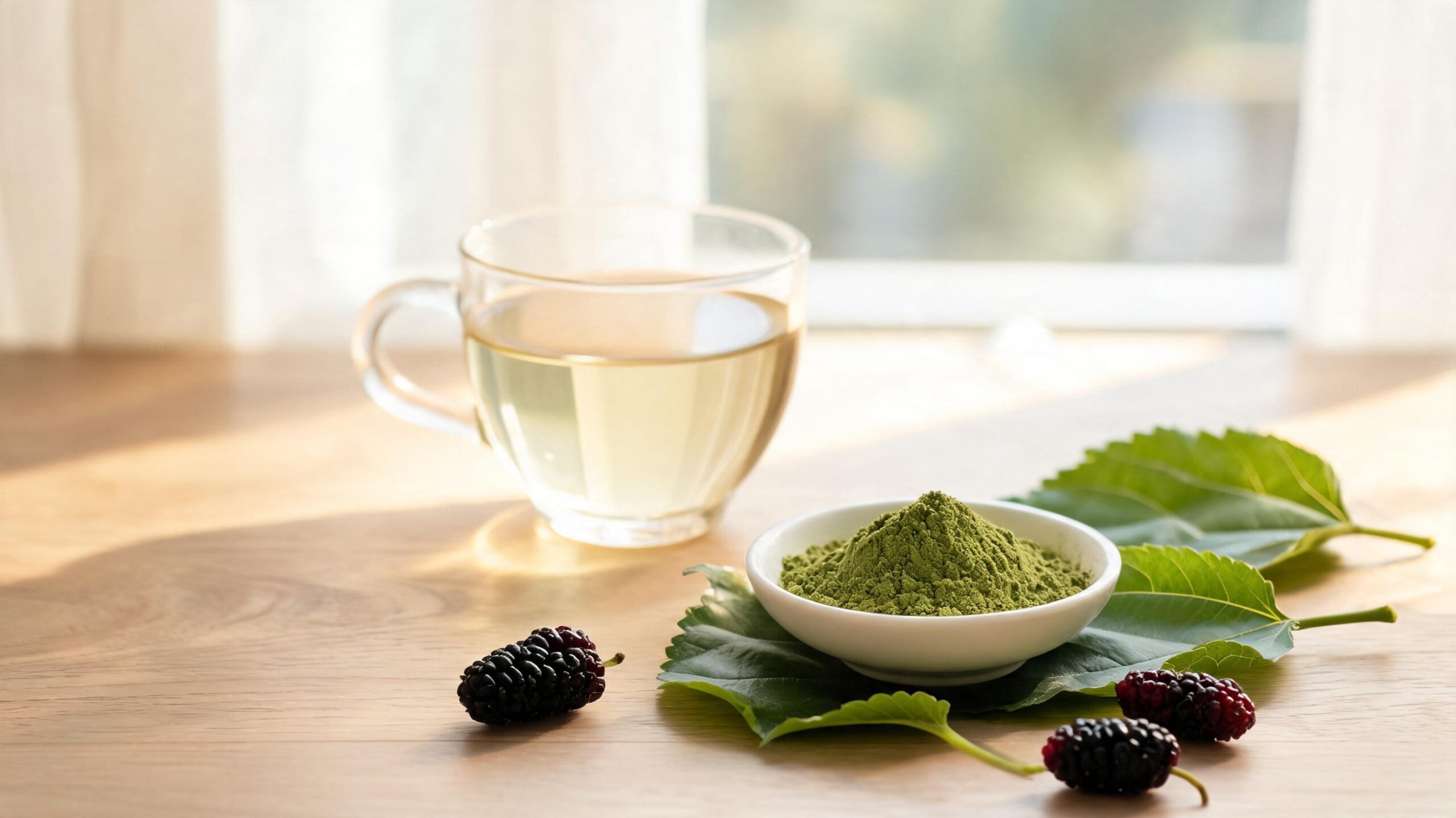 Fresh mulberry leaves and green mulberry-leaf powder beside a glass cup on a wooden table.