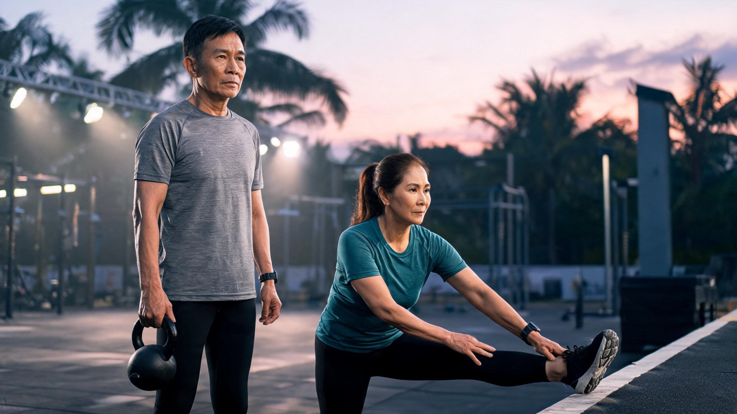 Fit middle-aged couple preparing for Hyrox workout with a kettlebell, focusing on muscle and joint training