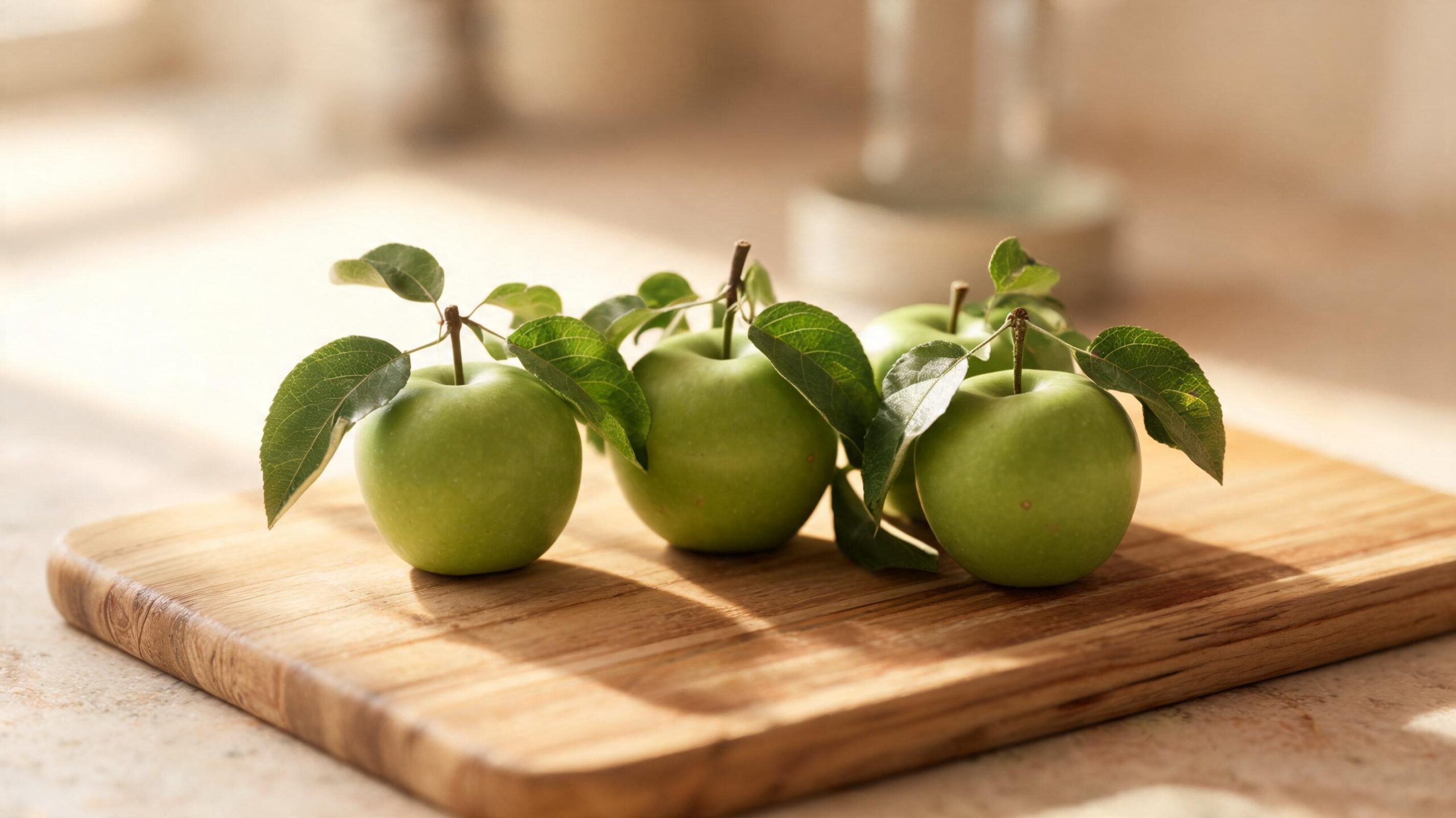 Unripe green apples on a wooden board
