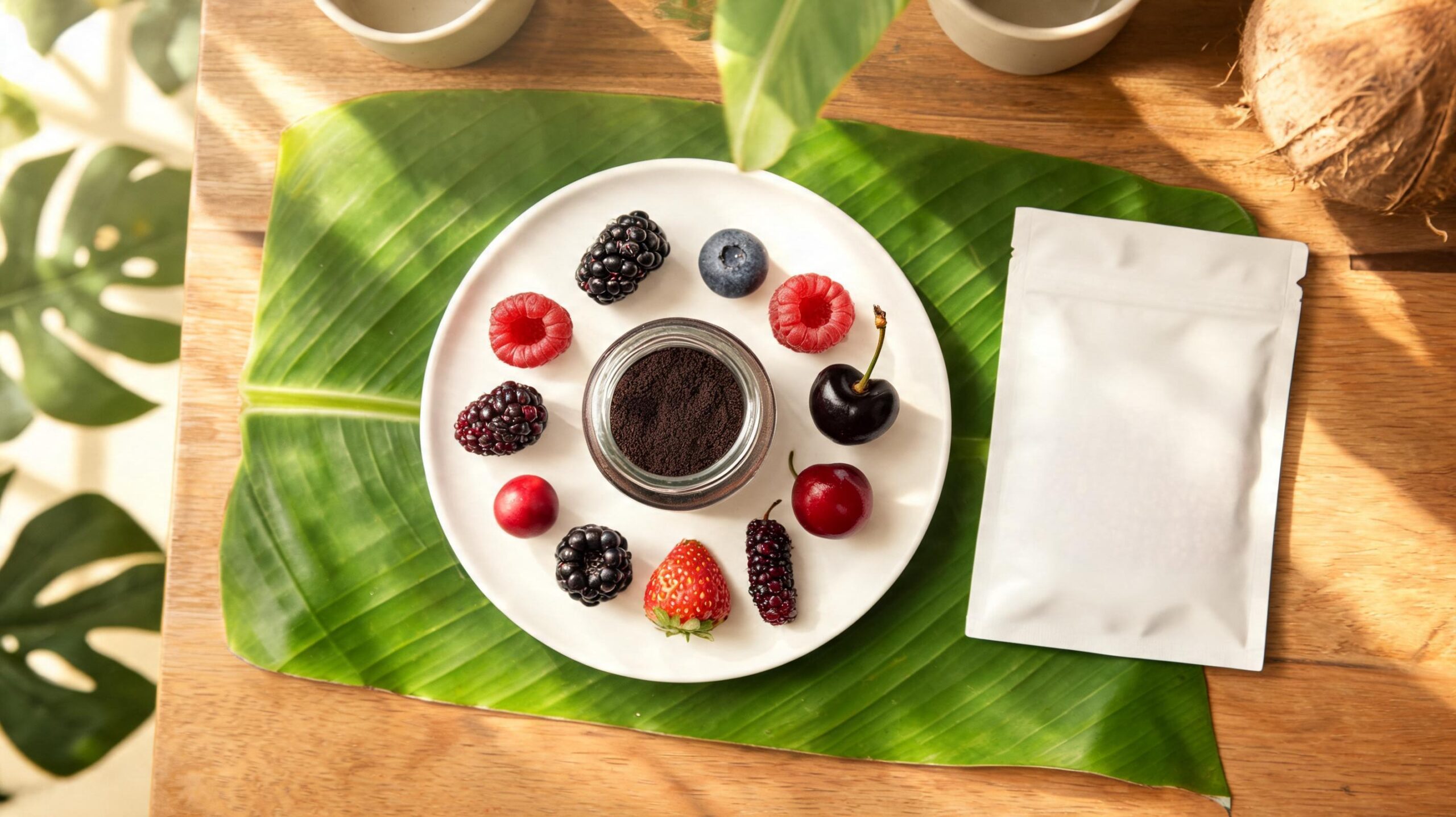 Nine freshly washed whole berries arranged in a circle around a small jar of dark berry powder on a tropical home kitchen counter.