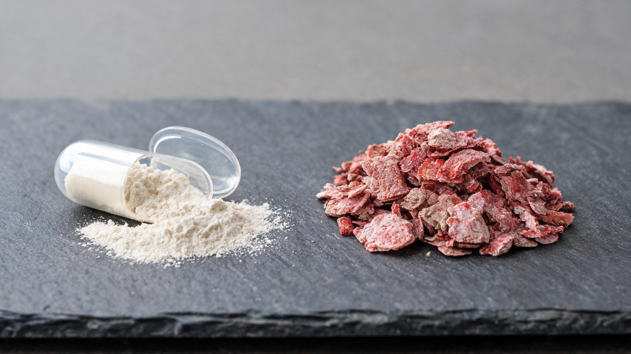 Editorial still life of calcium citrate powder and dried Lithothamnion red seaweed algae, illustrating the comparison between isolated calcium salt and whole-food calcium source.