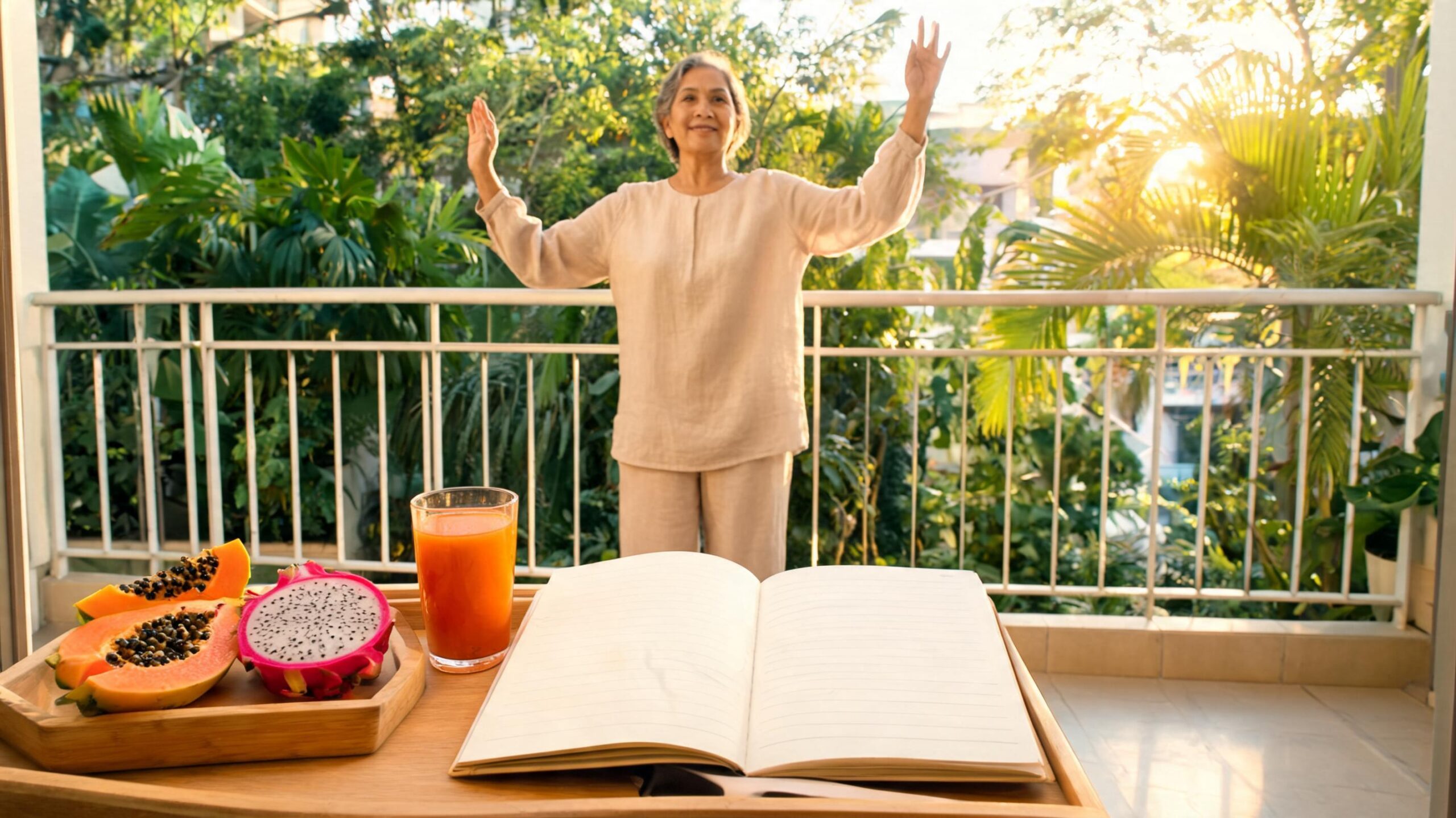 A 60-year-old Chinese-Malay-Indian woman doing morning qigong stretches on a sunny Singapore apartment balcony with a wooden tray of tropical fruits and sea-buckthorn juice