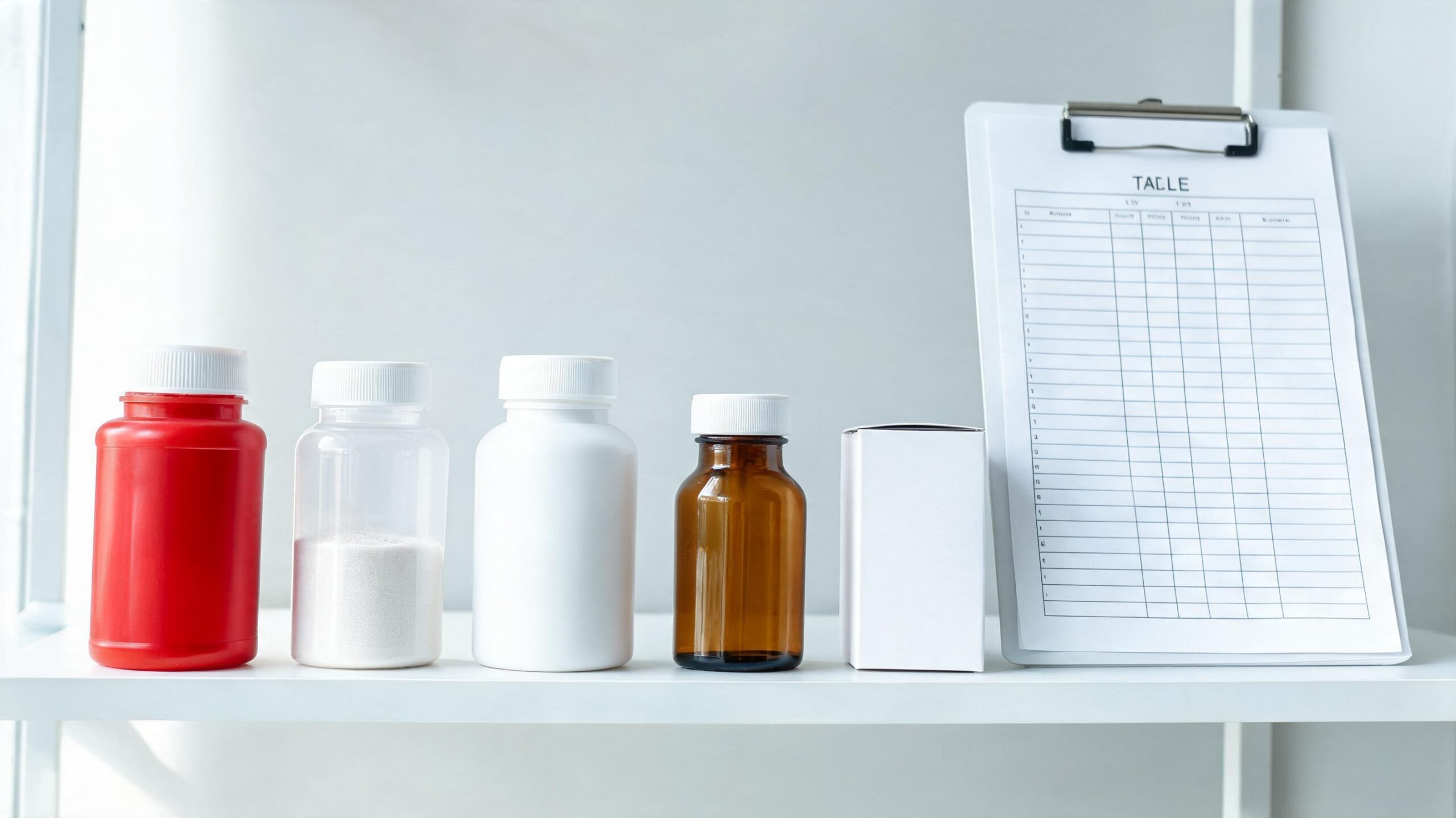 Five supplement bottles lined up beside an evidence clipboard, representing cranberry PACs, D-mannose, methenamine hippurate, nitrofurantoin, and trimethoprim for recurrent UTI prevention comparison.