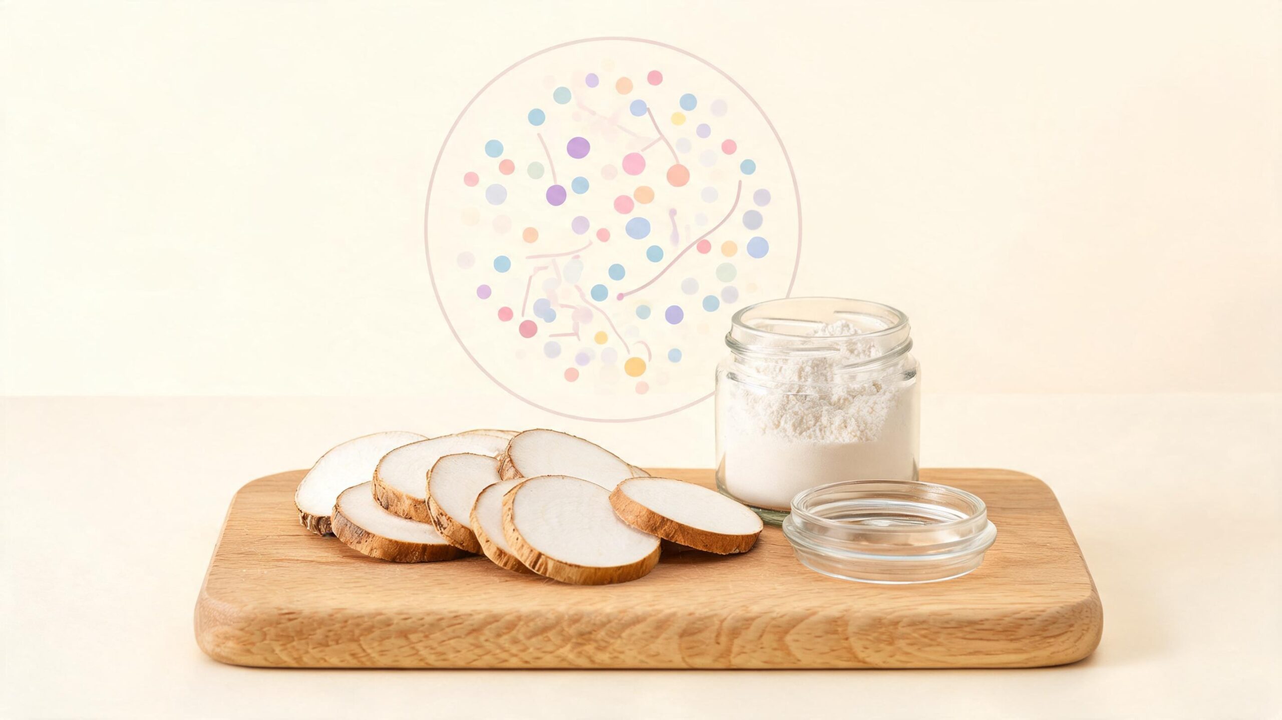 The butyrate-producing gut-bacteria pathway: chicory root, inulin powder, and a circular diagram of gut microbiota