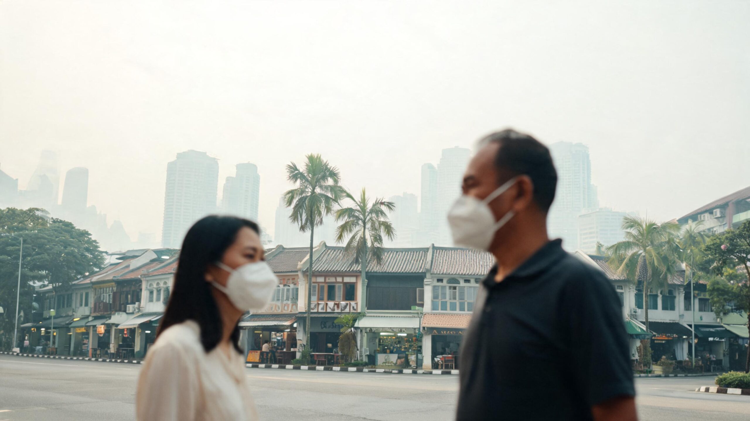 Two people wearing white N95 respirator masks walking along a hazy Southeast Asian city street, high-rise buildings fading into milky smog behind them.