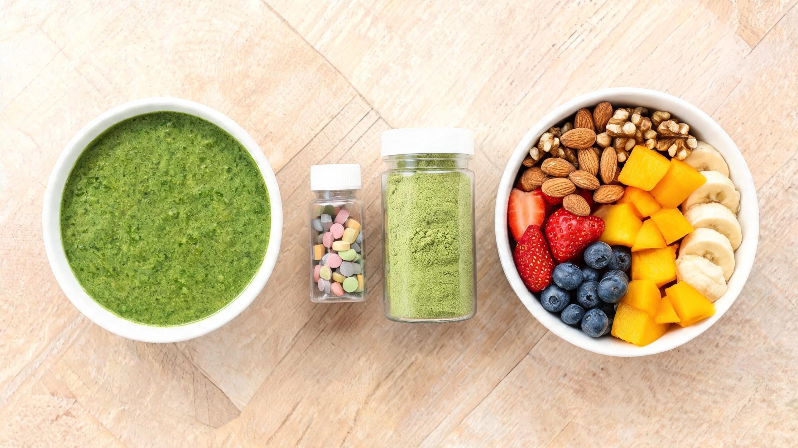Two breakfast bowls side by side, a green smoothie bowl and a fruit and nuts bowl, with a multivitamin bottle and a jar of green powder between them