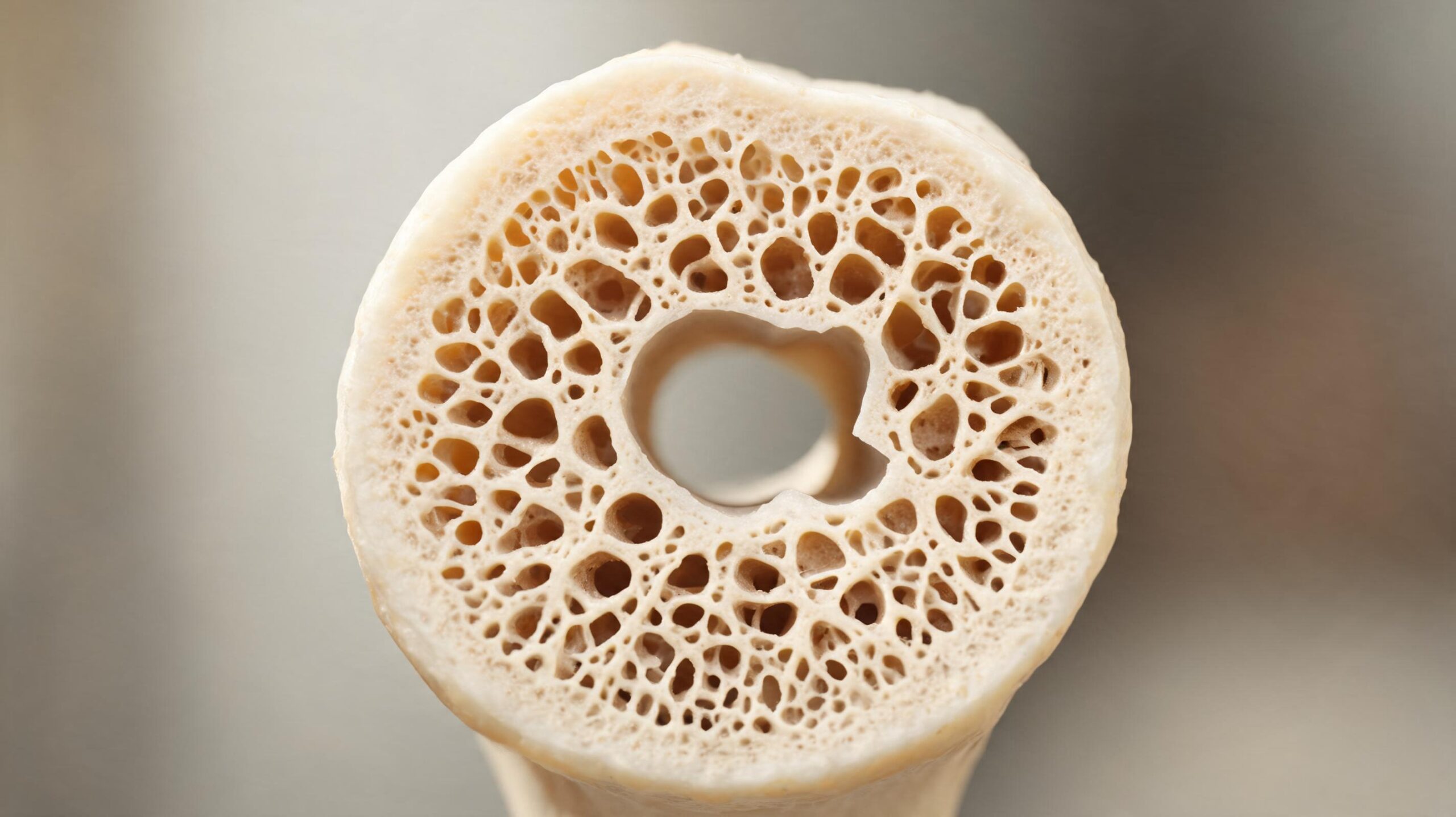 Cross-section of porous honeycomb trabecular bone matrix under magnification, showing mineral deposition in ivory tones.