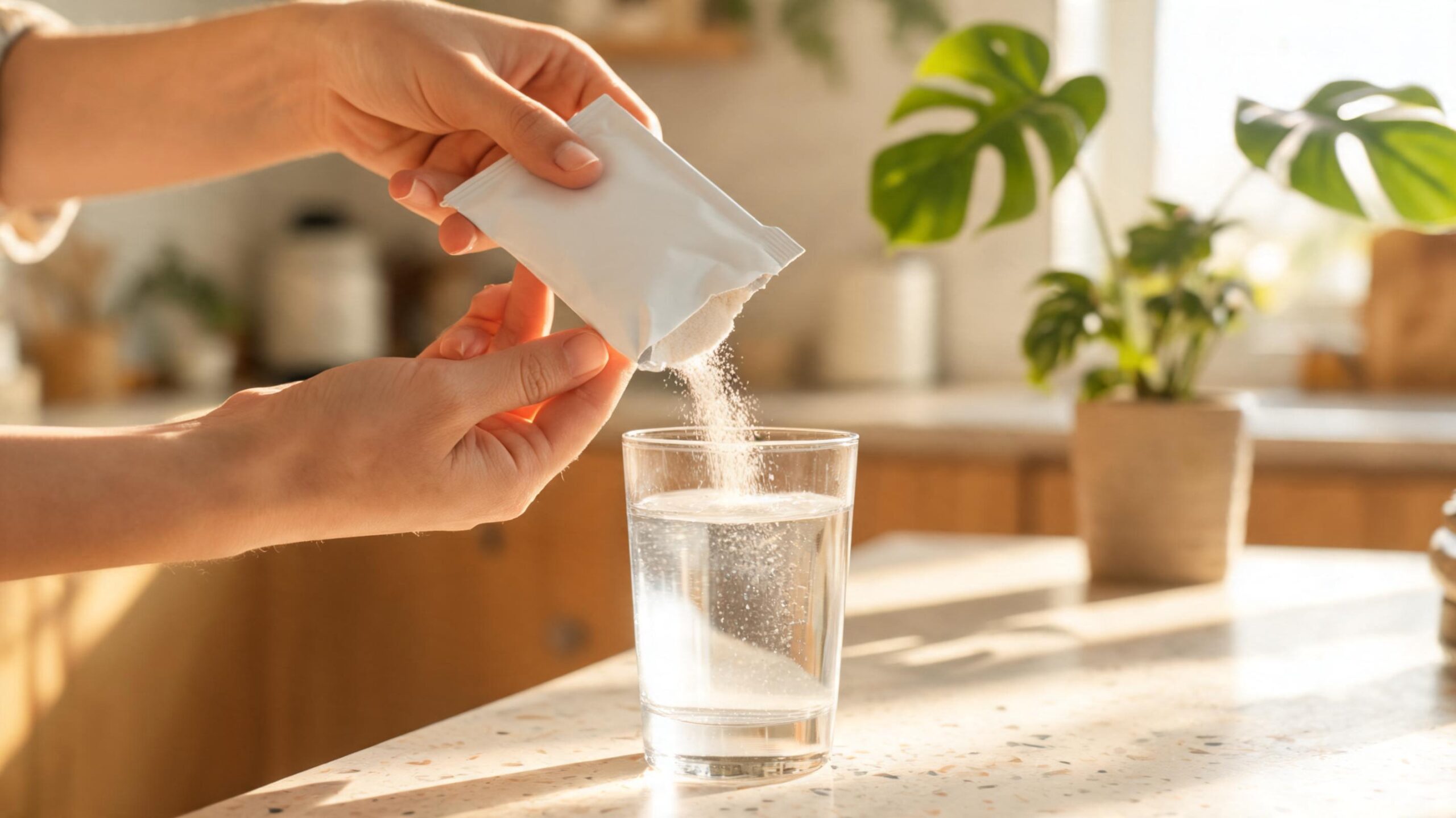 Dua tangan membuka sachet probiotik putih kecil di atas gelas air di kaunter dapur tropika yang disinari matahari