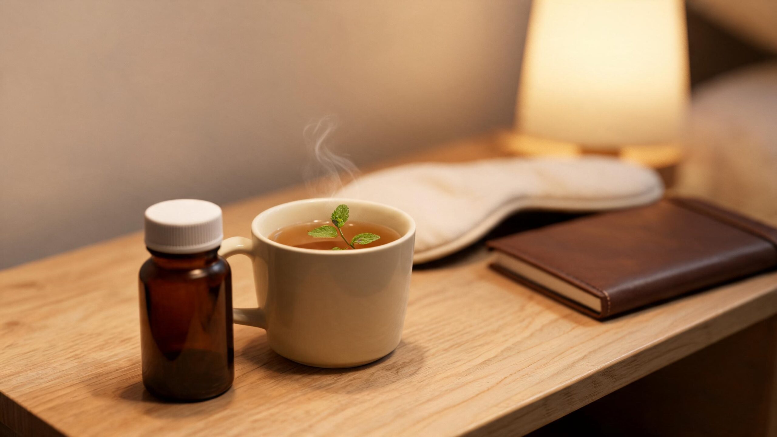 Amber supplement bottle beside cup of warm lemon balm tea on a bedside table in evening lamplight