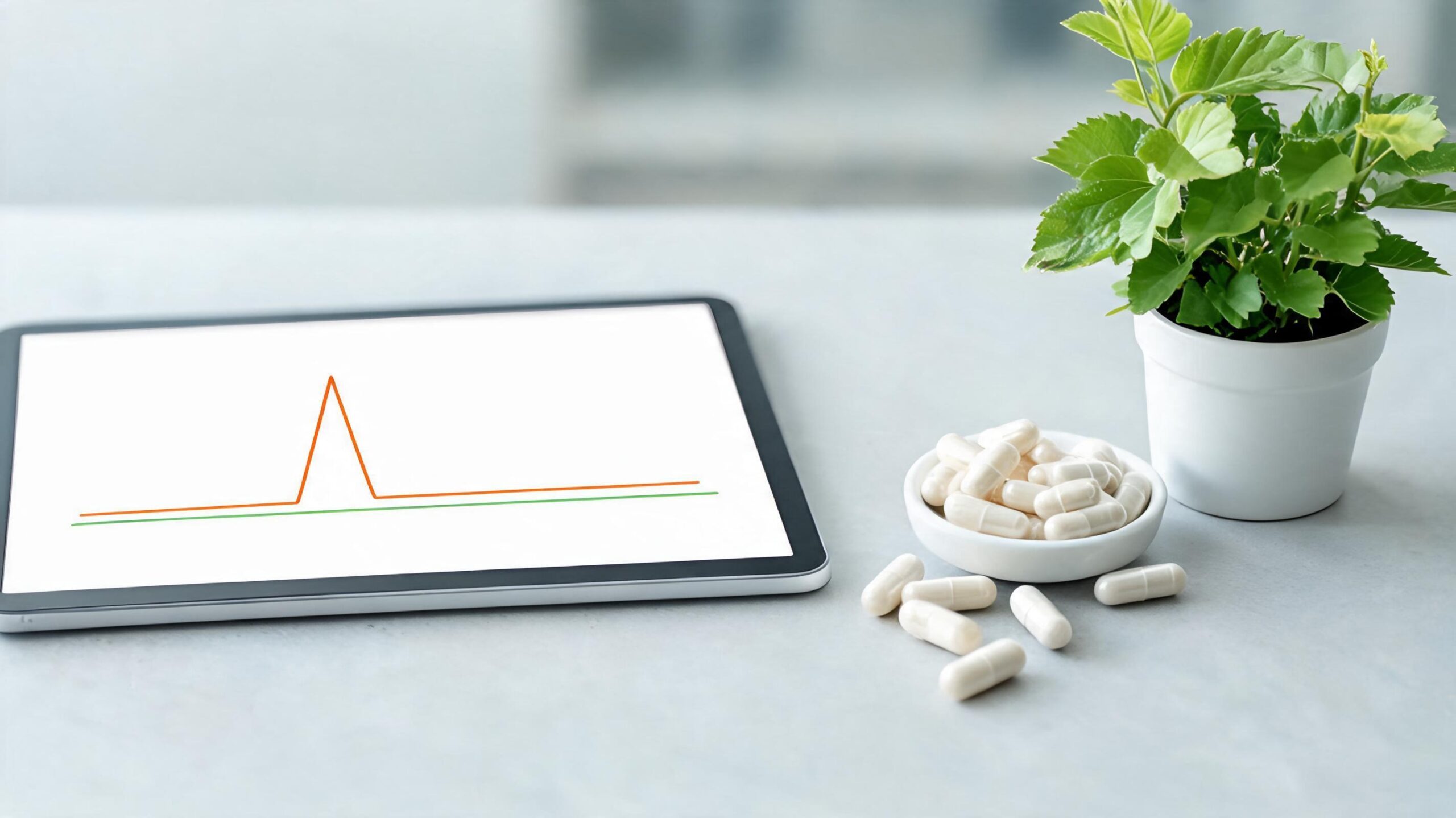 Tablet showing post-meal blood glucose curve comparison with mulberry-leaf capsules and a small mulberry plant.