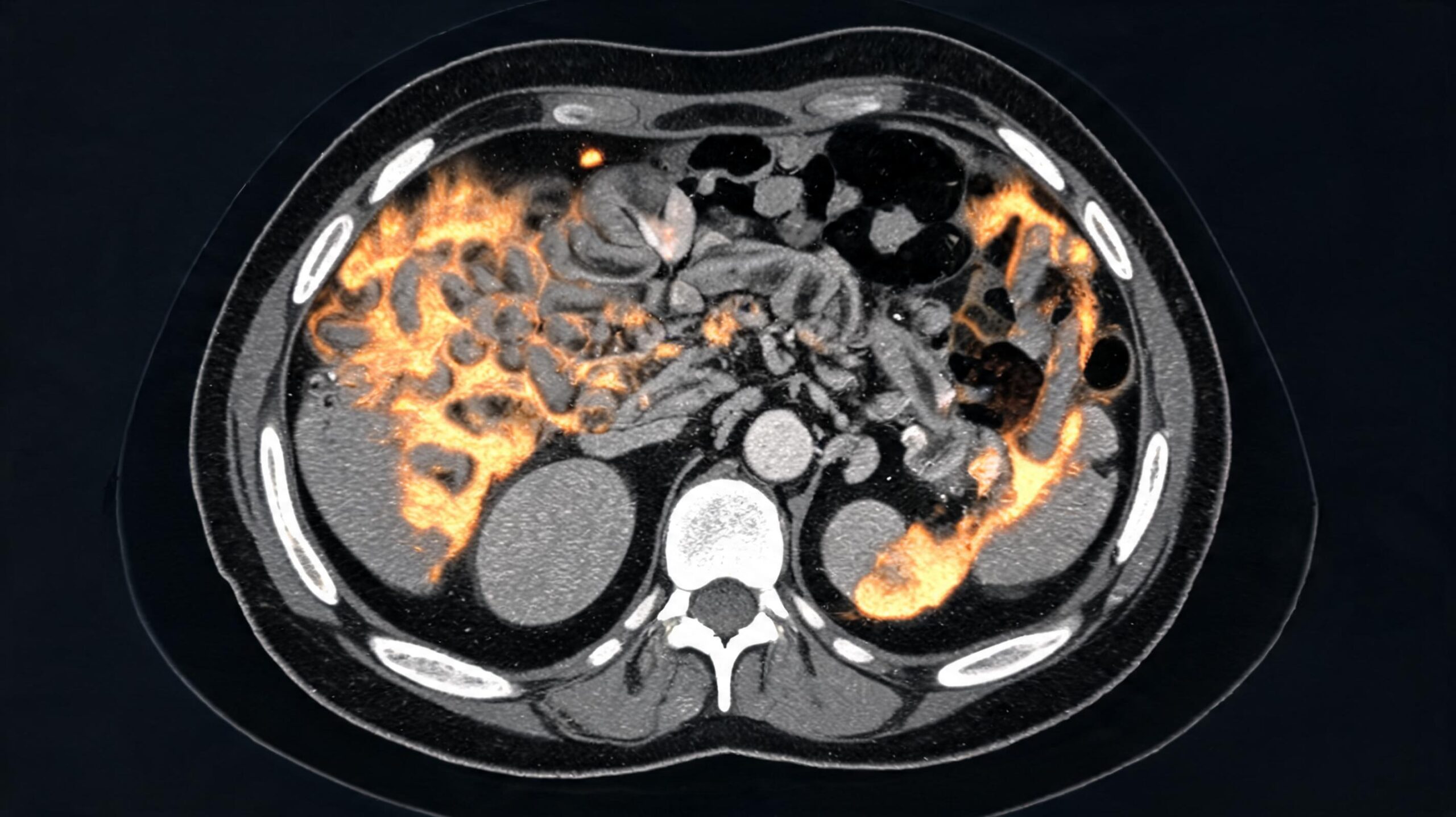 Abdominal CT scan image highlighting visceral fat area