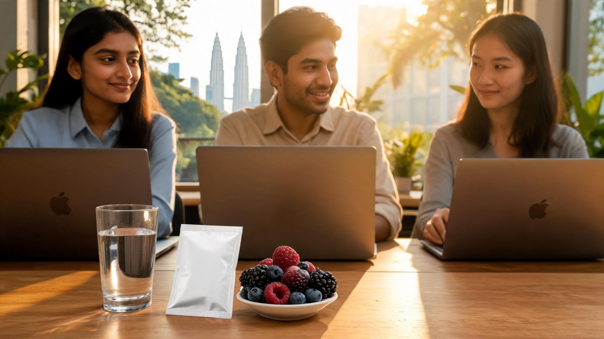Three young Southeast Asian colleagues at a sunlit Kuala Lumpur co-working space in mid-afternoon, with a small unbranded sachet of dark berry powder beside a glass of water and a saucer of fresh berries.