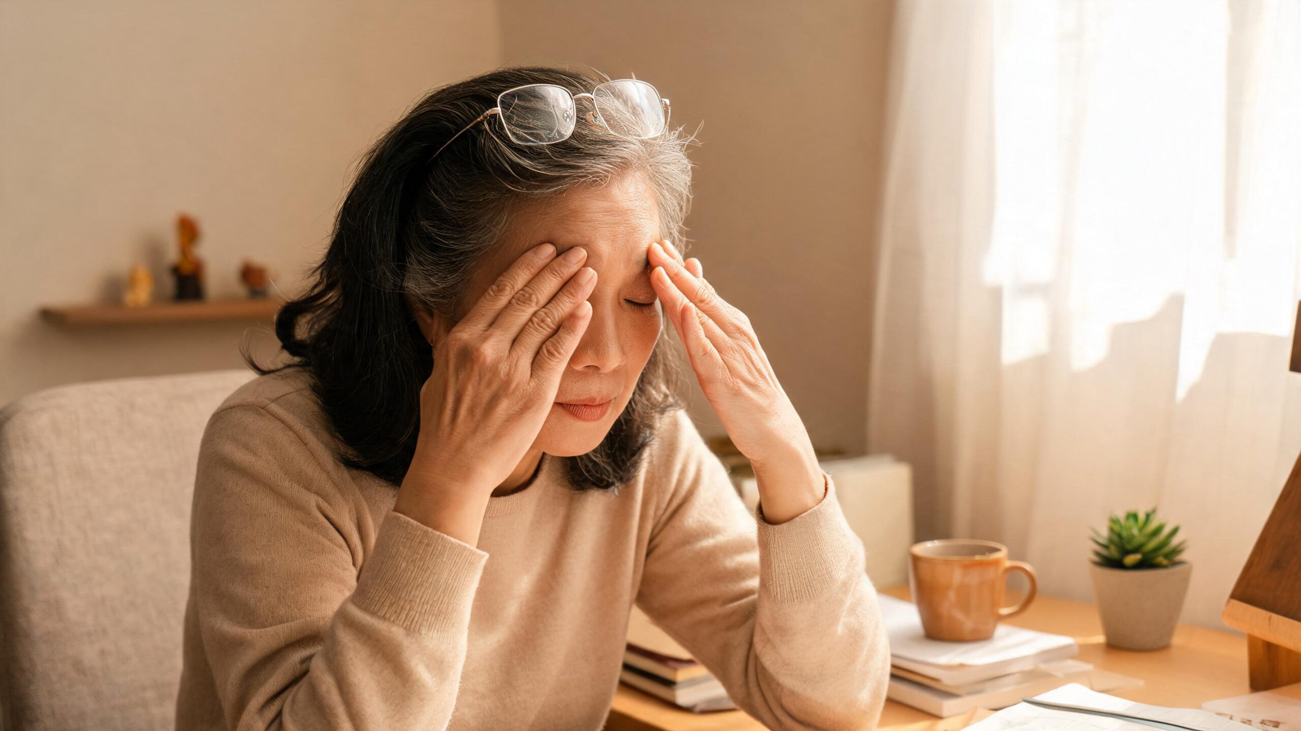 Older Asian woman rubbing her tired dry eyes at a desk with reading glasses on her forehead