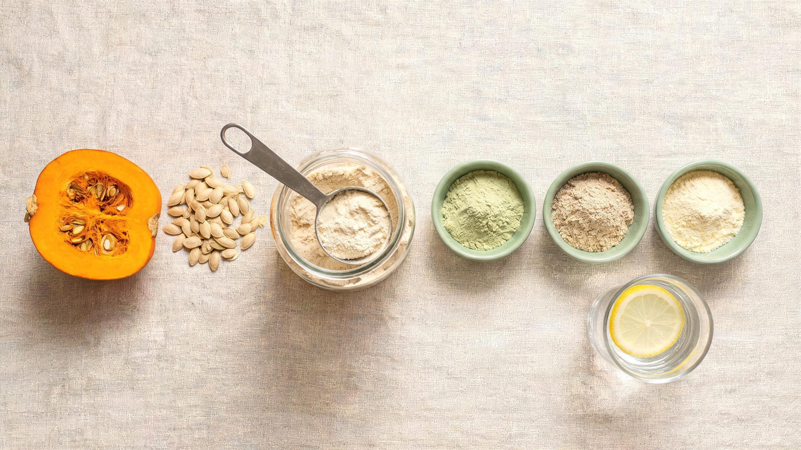 Plant protein powders side-by-side: pumpkin seed, pea, and whey for sensitive stomach comparison