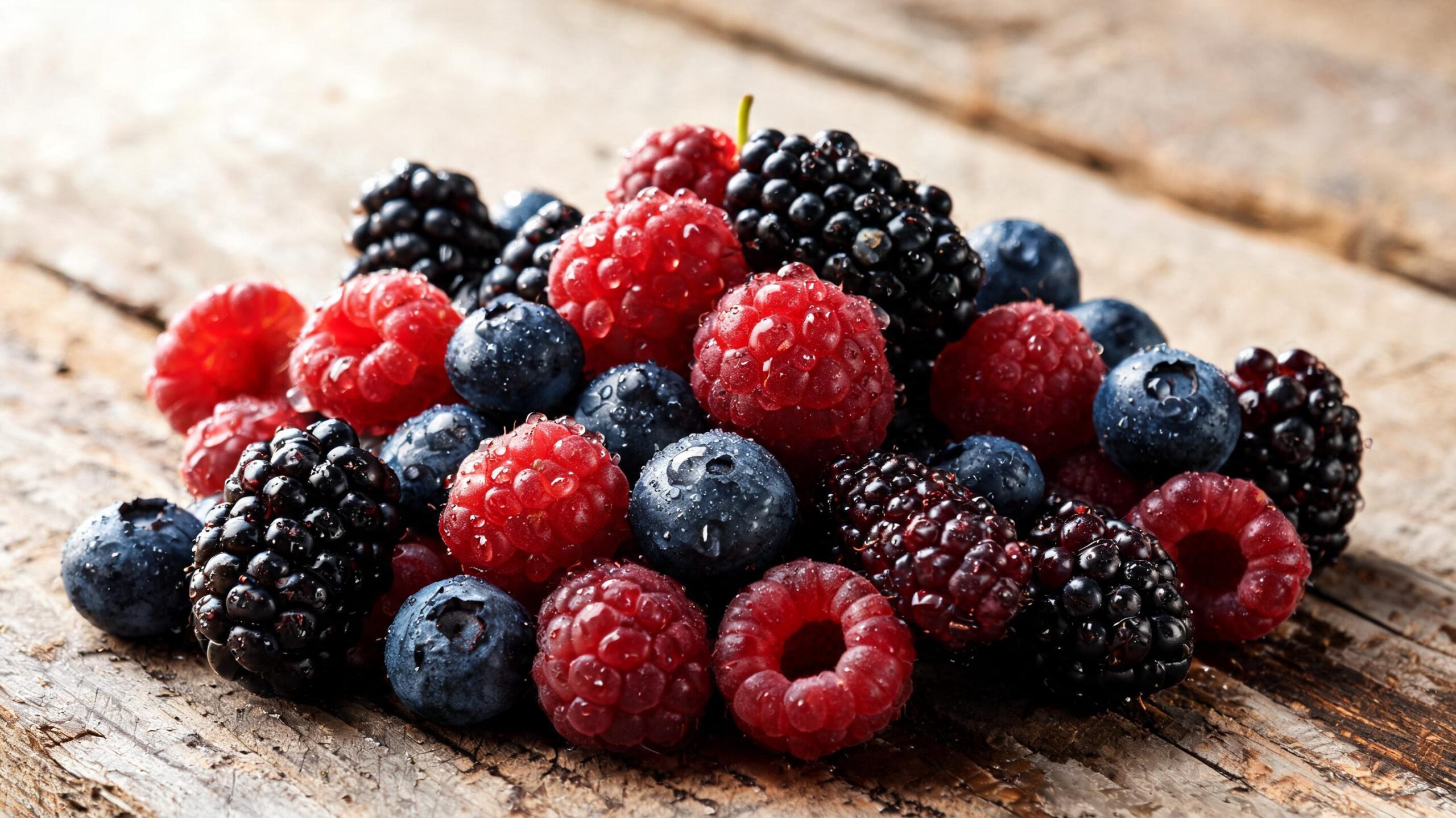 Close-up of fresh mixed berries (blackberries, blueberries, raspberries, mulberries) on a rustic wooden board with drops of water.