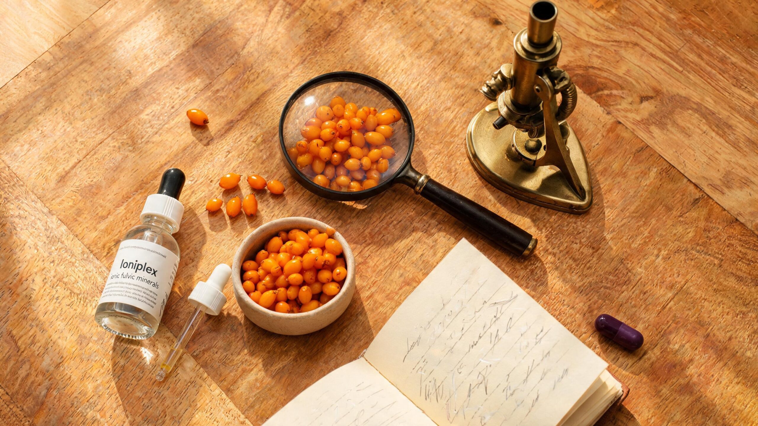 Top-down flat lay of an Ioniplex ionic fulvic minerals dropper bottle beside fresh orange sea-buckthorn berries, a magnifying glass, and a vintage brass microscope on warm wood