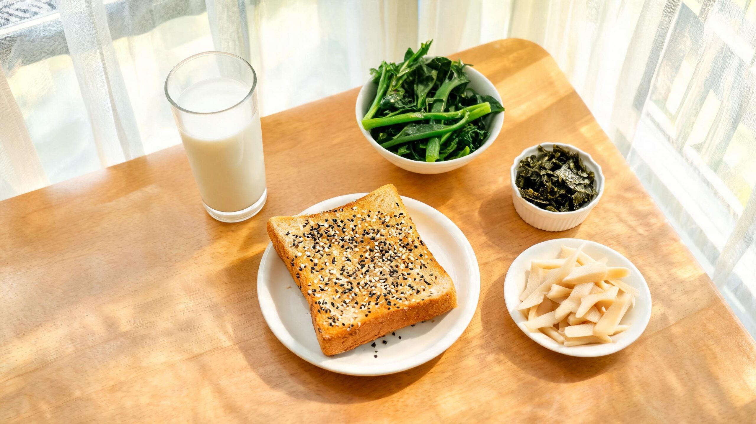 Calcium-rich foods arranged on a Singapore breakfast table