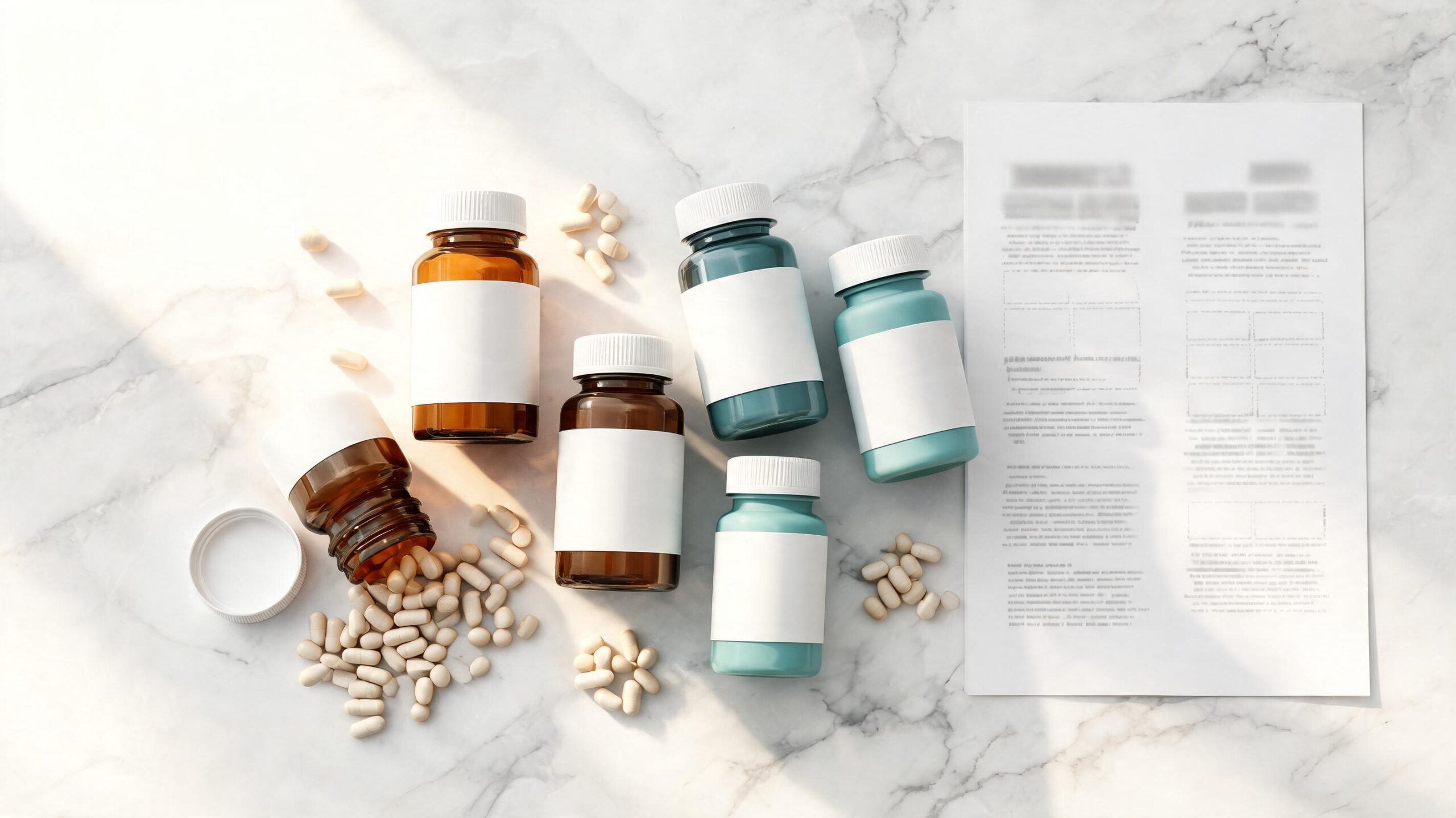 Assorted men’s health supplement bottles and loose capsules arranged on a marble kitchen counter
