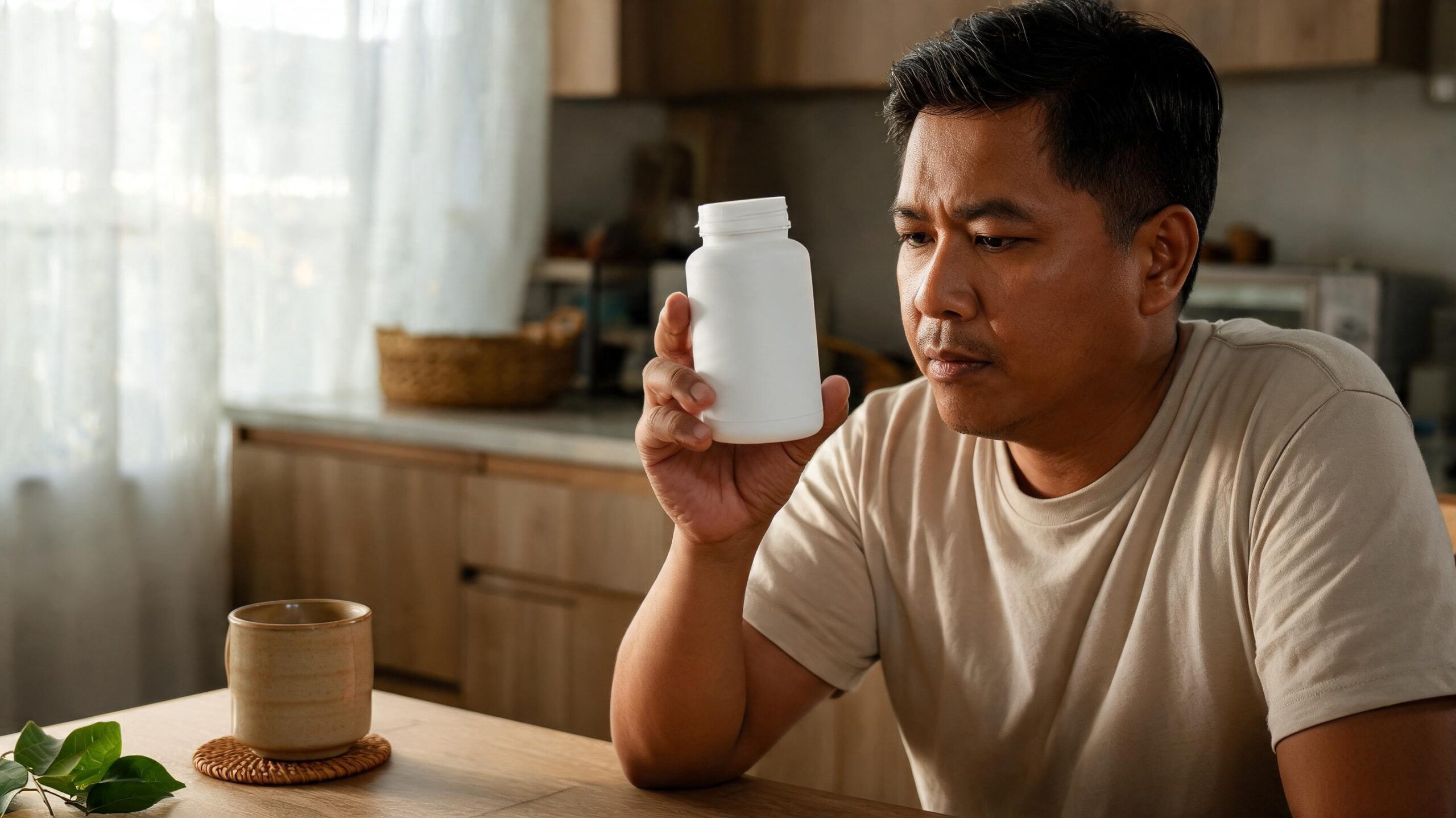 A Malaysian man in his forties reading the fine print on the label of a supplement bottle at a kitchen table