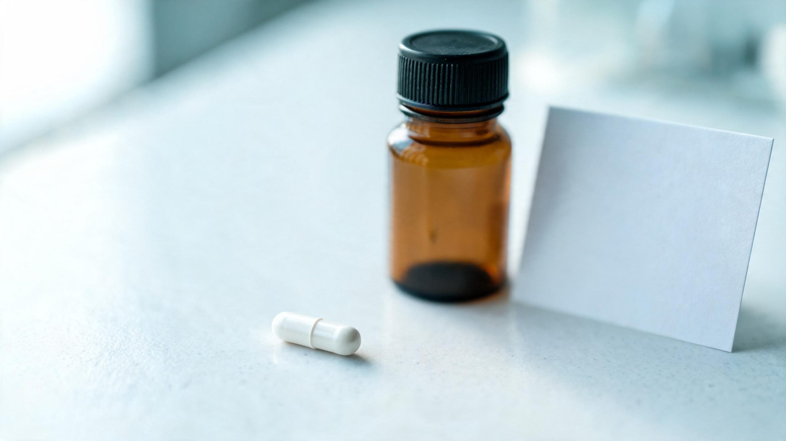 A single white nattokinase capsule and an unlabelled amber supplement bottle on a clean laboratory surface