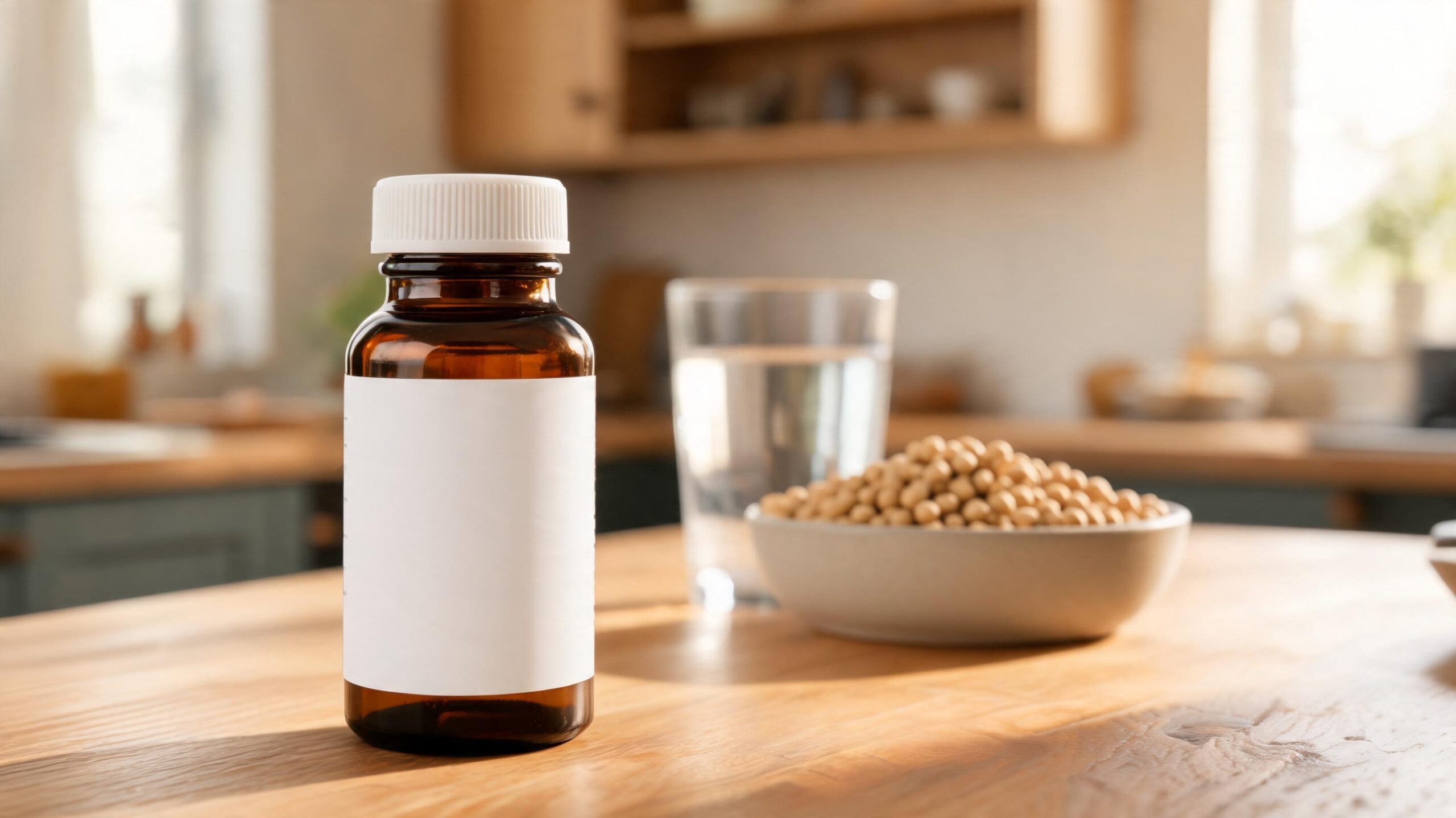 An amber glass supplement bottle with a blank white label on a kitchen counter beside a glass of water and a bowl of soybeans